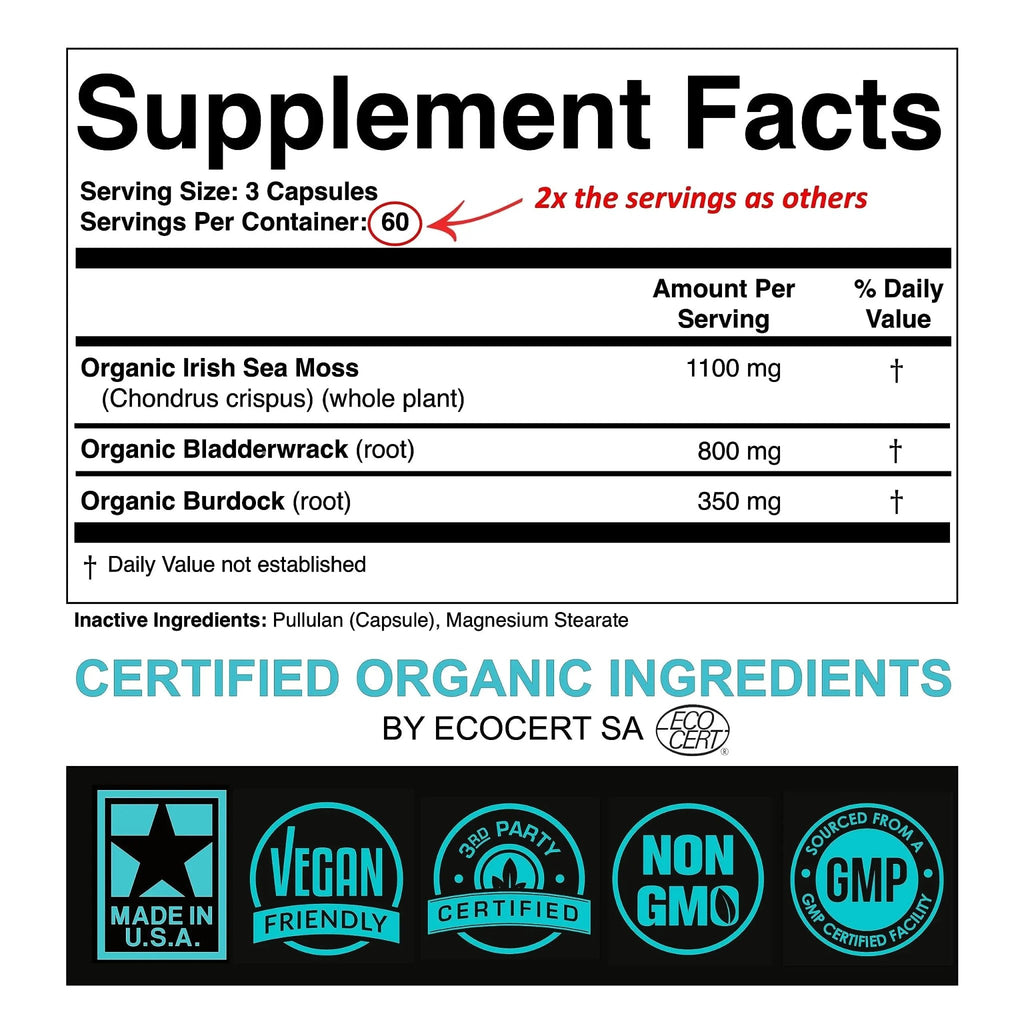 Certified Organic Sea Moss Capsules 2250mg Wildcrafted Irish Sea Moss Burdock Root - TrustMedUSA