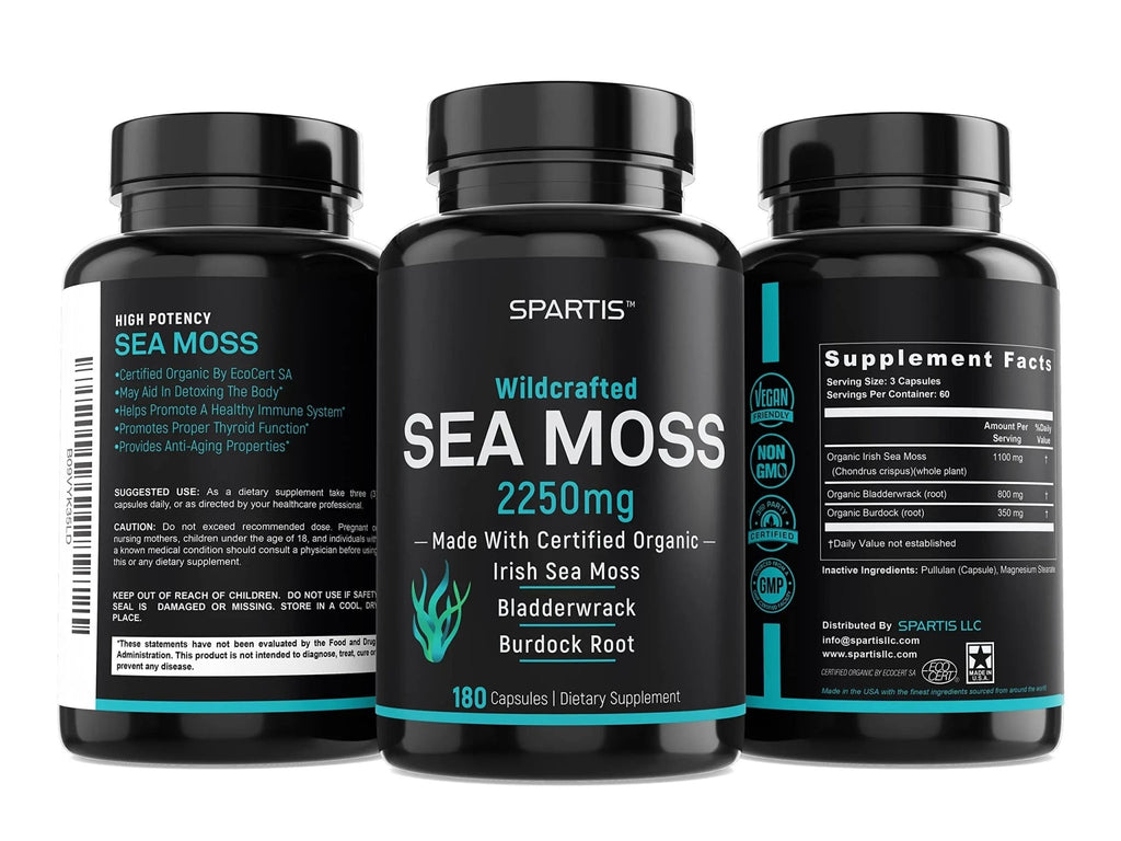 Certified Organic Sea Moss Capsules 2250mg Wildcrafted Irish Sea Moss Burdock Root - TrustMedUSA