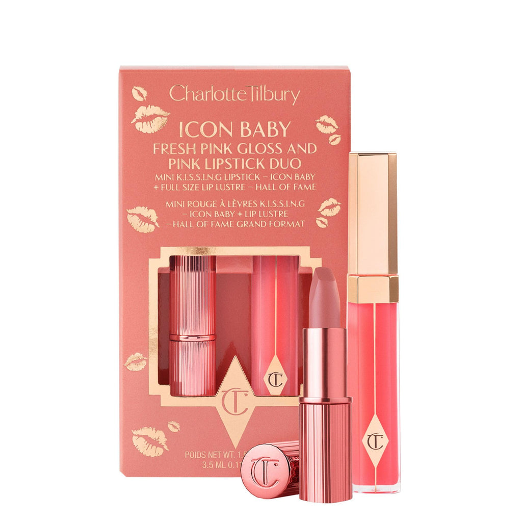 Charlotte Tilbury Icon Baby Lip Duo Kit - Mini K.I.S.S.I.N.G Satin Shimmer Lipstick & Full Size Hall of Fame High Shine Gloss Set - Hydrating Long Lasting Makeup Duo for On-the-Go Glossy Shine - Maple Wellness Supplements