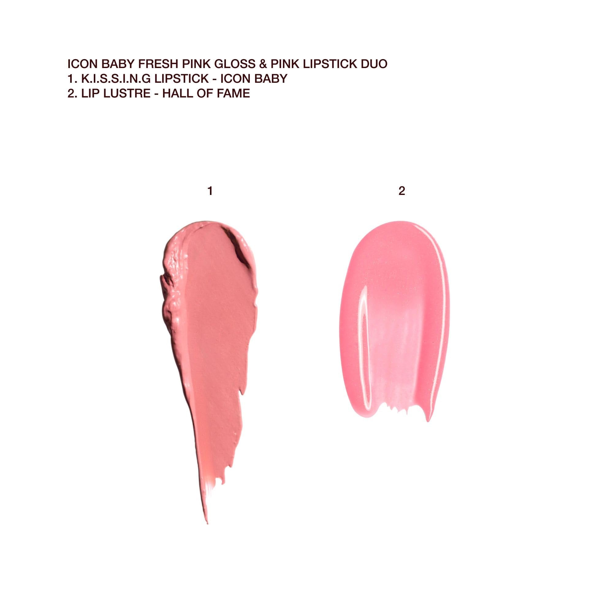 Charlotte Tilbury Icon Baby Lip Duo Kit - Mini K.I.S.S.I.N.G Satin Shimmer Lipstick & Full Size Hall of Fame High Shine Gloss Set - Hydrating Long Lasting Makeup Duo for On-the-Go Glossy Shine - Maple Wellness Supplements