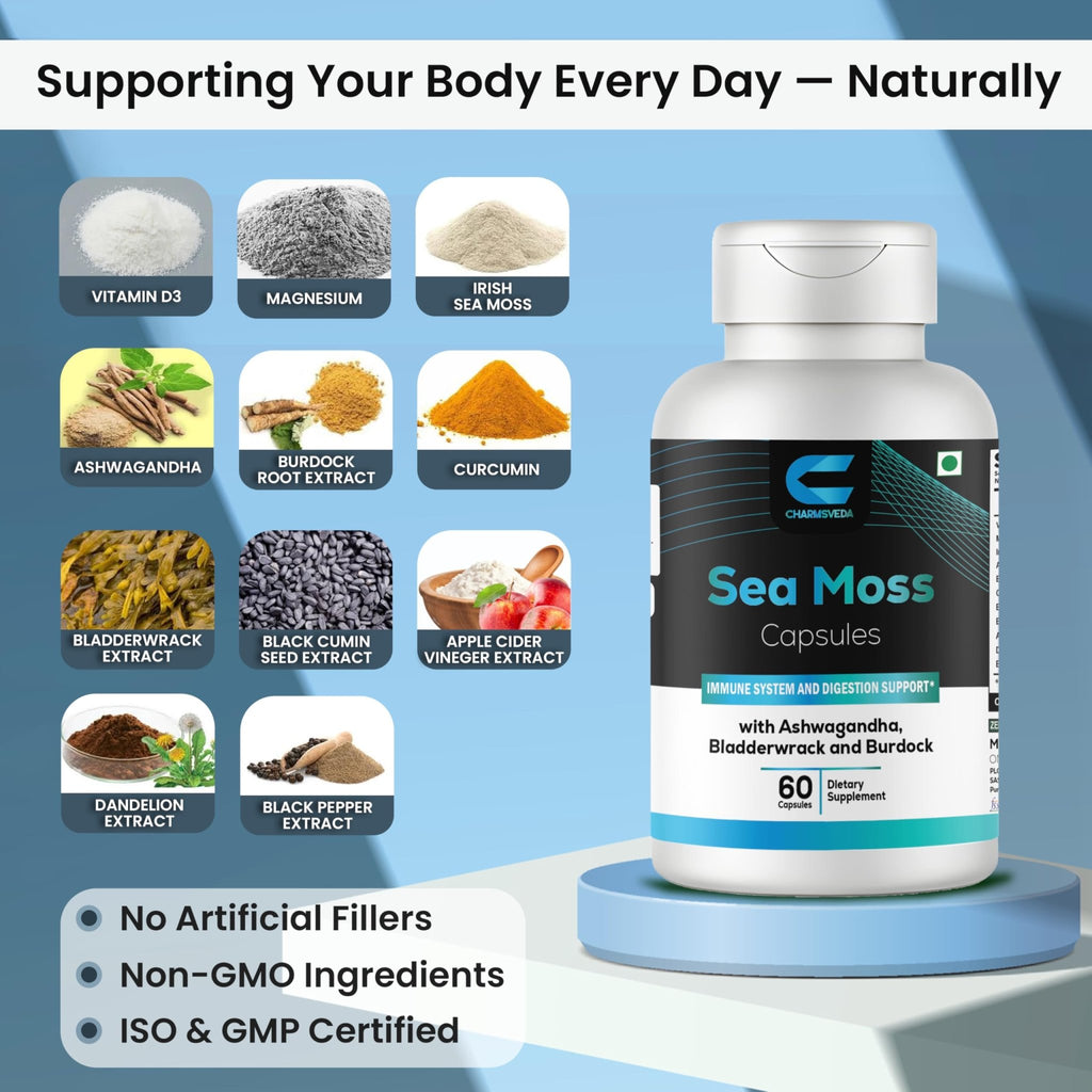 CHARMSVEDA Sea Moss Capsules with Ashwagandha, Bladderwrack & Burdock – Overall Wellness & Immune Support, Support Digestive & Gut Health* – 60 Vegan Capsules - TrustMedUSA