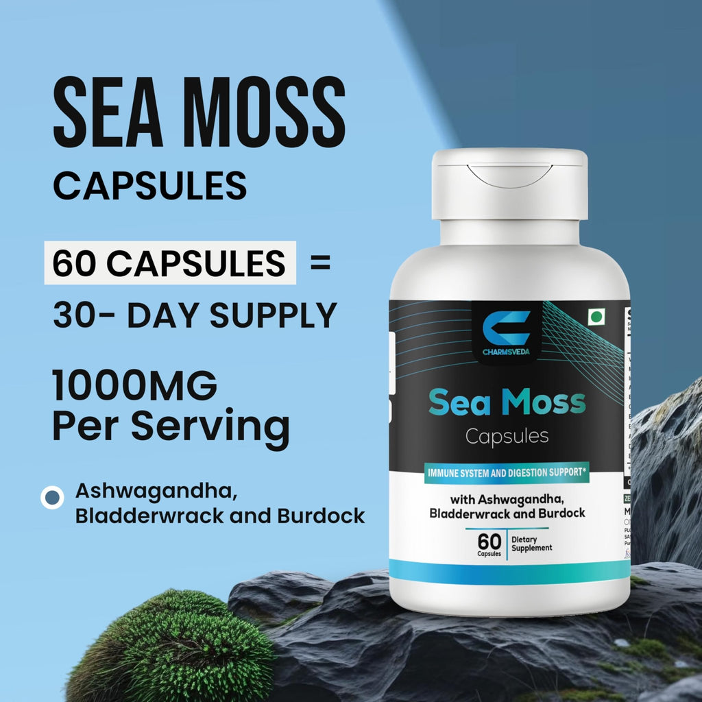 CHARMSVEDA Sea Moss Capsules with Ashwagandha, Bladderwrack & Burdock – Overall Wellness & Immune Support, Support Digestive & Gut Health* – 60 Vegan Capsules - TrustMedUSA