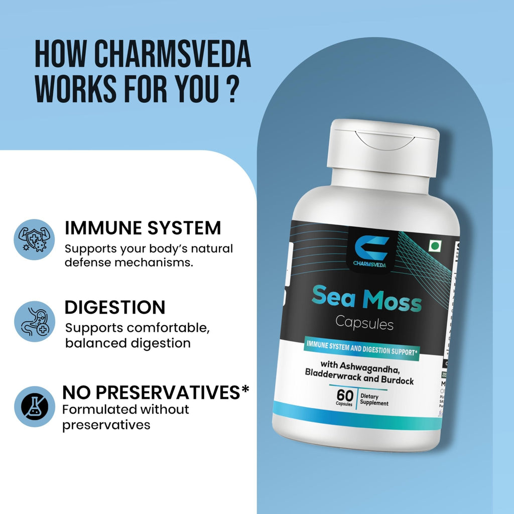CHARMSVEDA Sea Moss Capsules with Ashwagandha, Bladderwrack & Burdock – Overall Wellness & Immune Support, Support Digestive & Gut Health* – 60 Vegan Capsules - TrustMedUSA