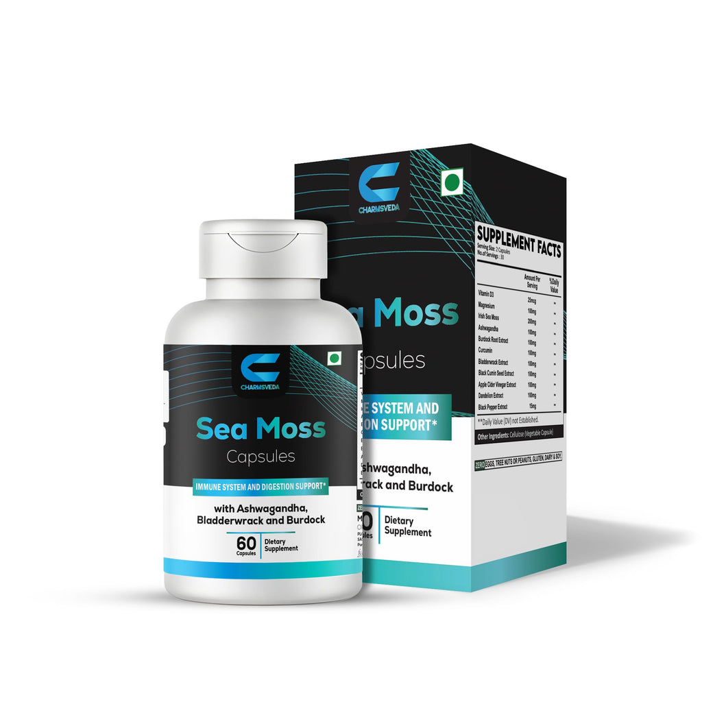 CHARMSVEDA Sea Moss Capsules with Ashwagandha, Bladderwrack & Burdock – Overall Wellness & Immune Support, Support Digestive & Gut Health* – 60 Vegan Capsules - TrustMedUSA