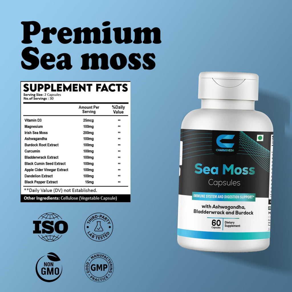 CHARMSVEDA Sea Moss Capsules with Ashwagandha, Bladderwrack & Burdock – Overall Wellness & Immune Support, Support Digestive & Gut Health* – 60 Vegan Capsules - TrustMedUSA