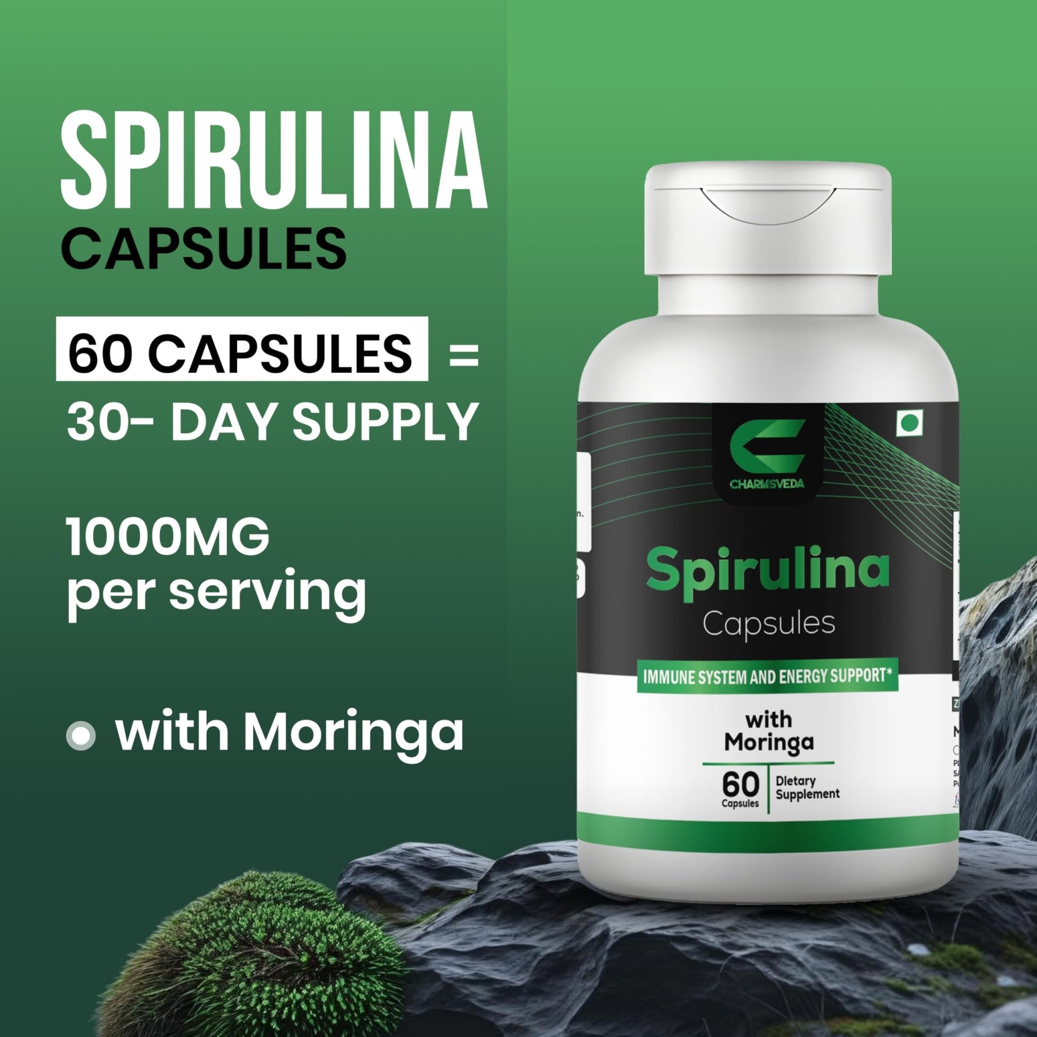 CHARMSVEDA Spirulina Capsules with Moringa – Herbal Immune Support* – 60 Vegan Capsules - TrustMedUSA
