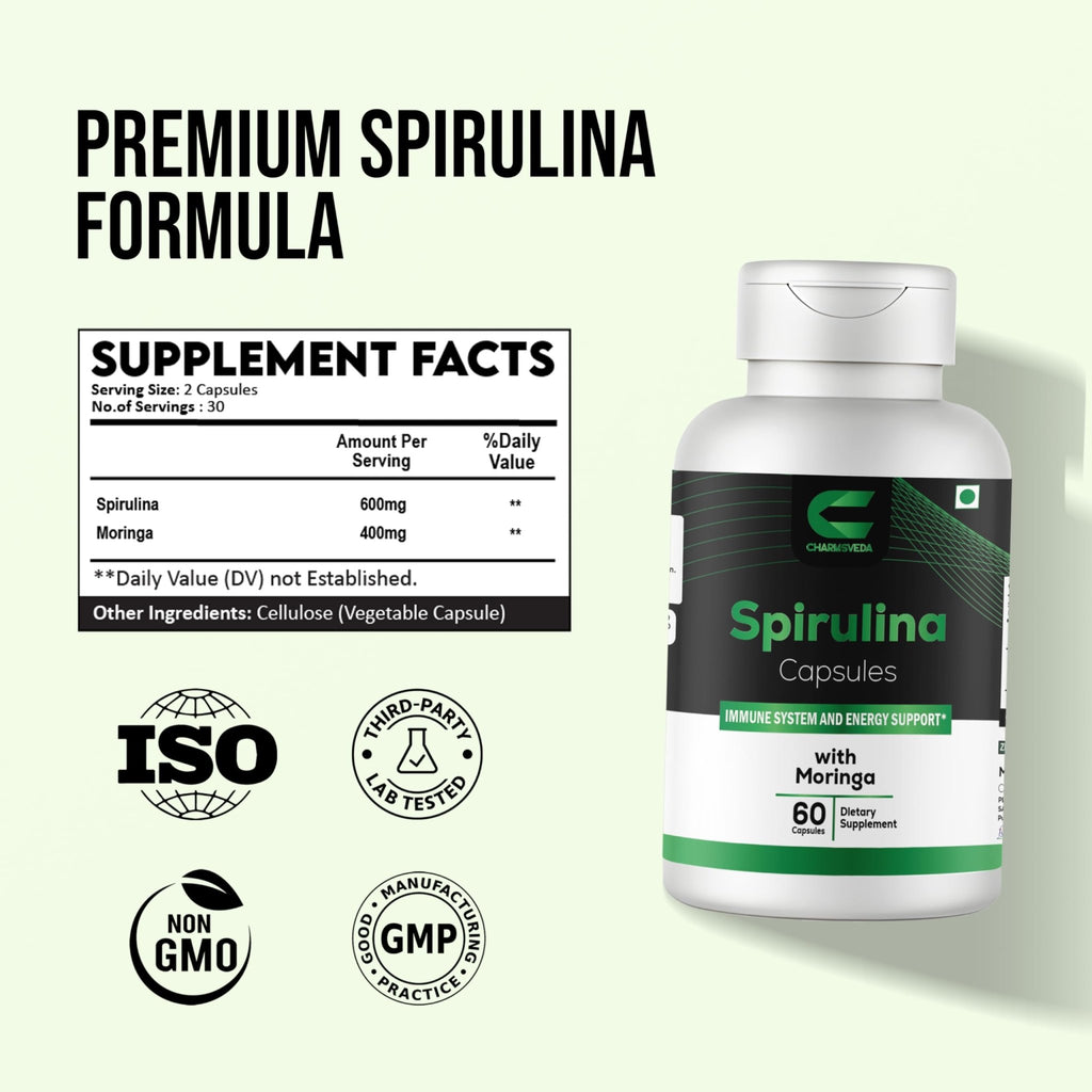 CHARMSVEDA Spirulina Capsules with Moringa – Herbal Immune Support* – 60 Vegan Capsules - TrustMedUSA