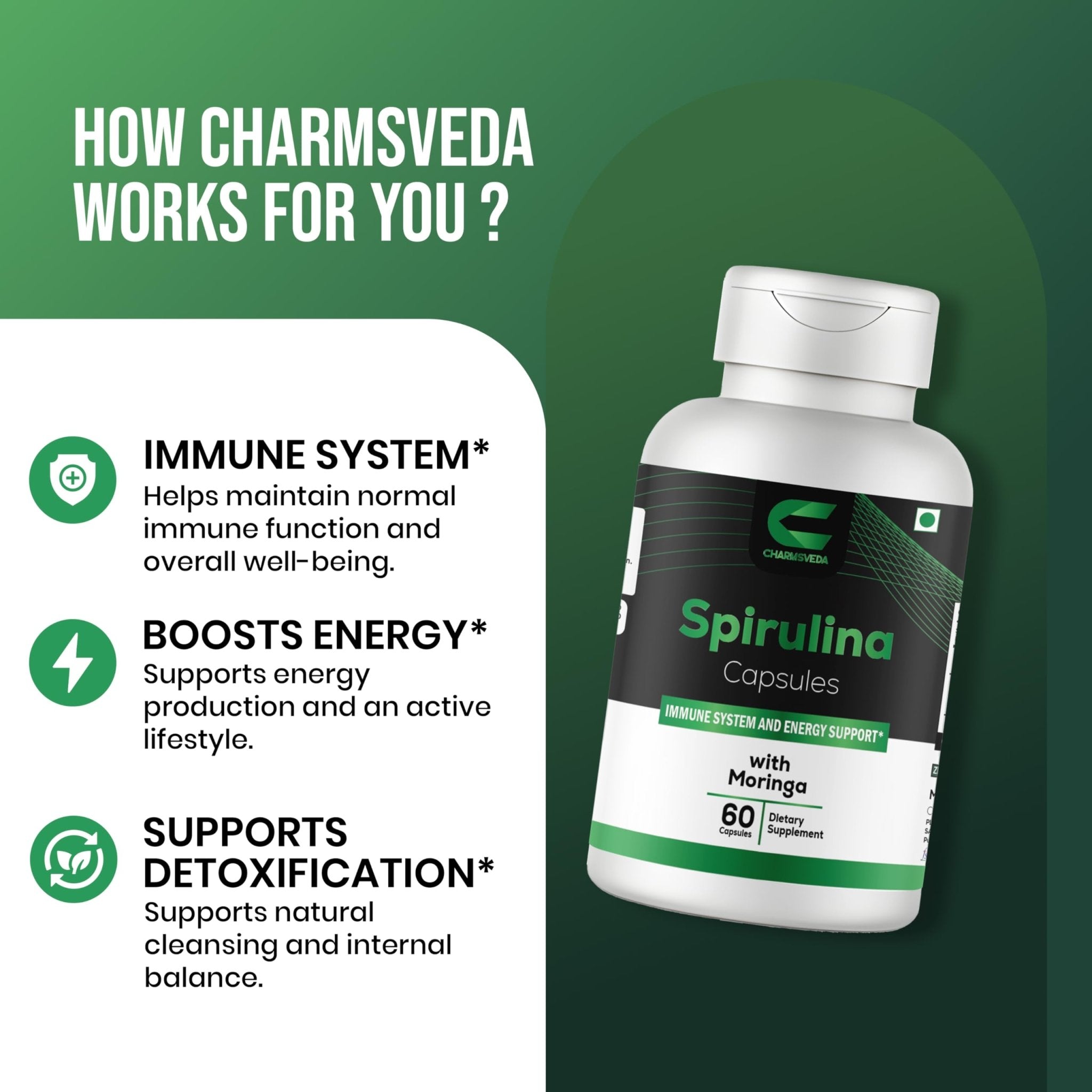 CHARMSVEDA Spirulina Capsules with Moringa – Herbal Immune Support* – 60 Vegan Capsules - TrustMedUSA