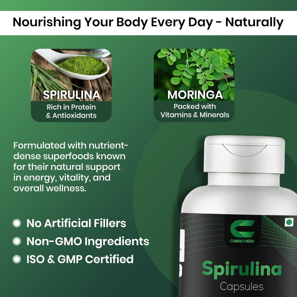 CHARMSVEDA Spirulina Capsules with Moringa – Herbal Immune Support* – 60 Vegan Capsules - TrustMedUSA