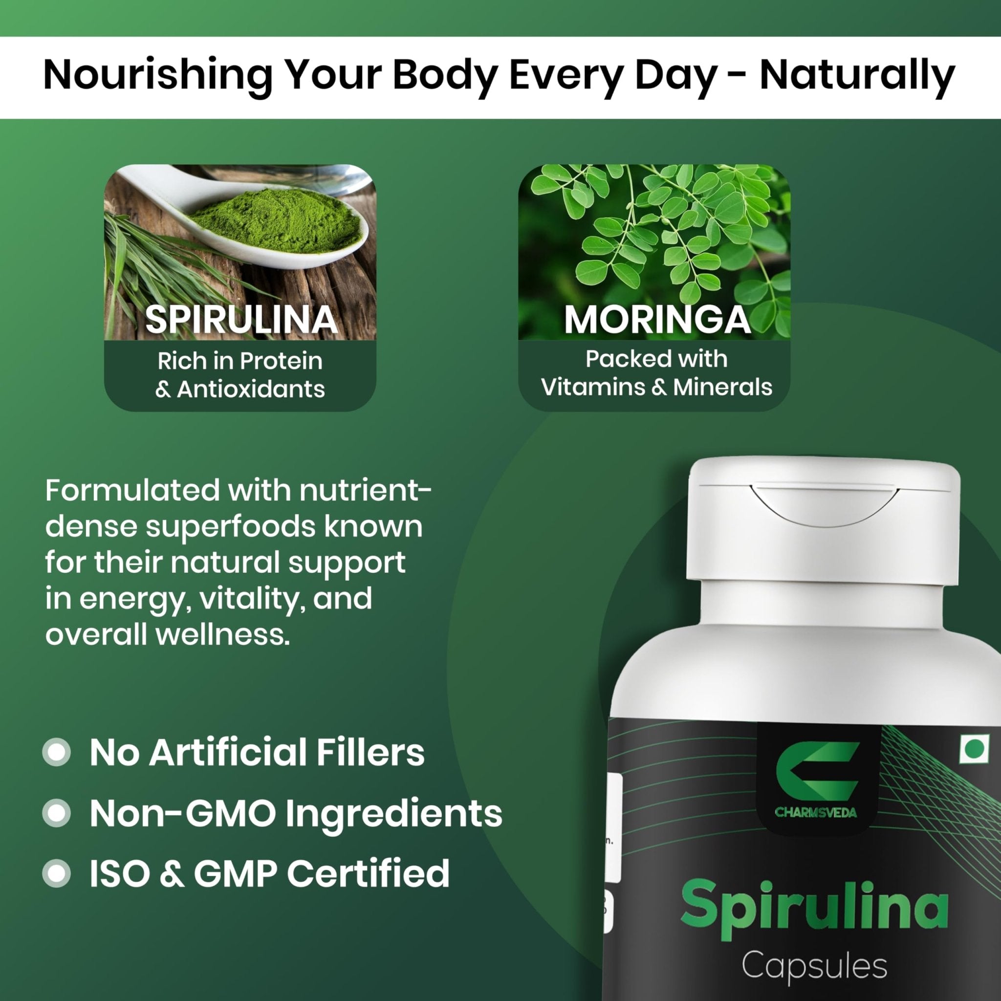 CHARMSVEDA Spirulina Capsules with Moringa – Herbal Immune Support* – 60 Vegan Capsules - TrustMedUSA