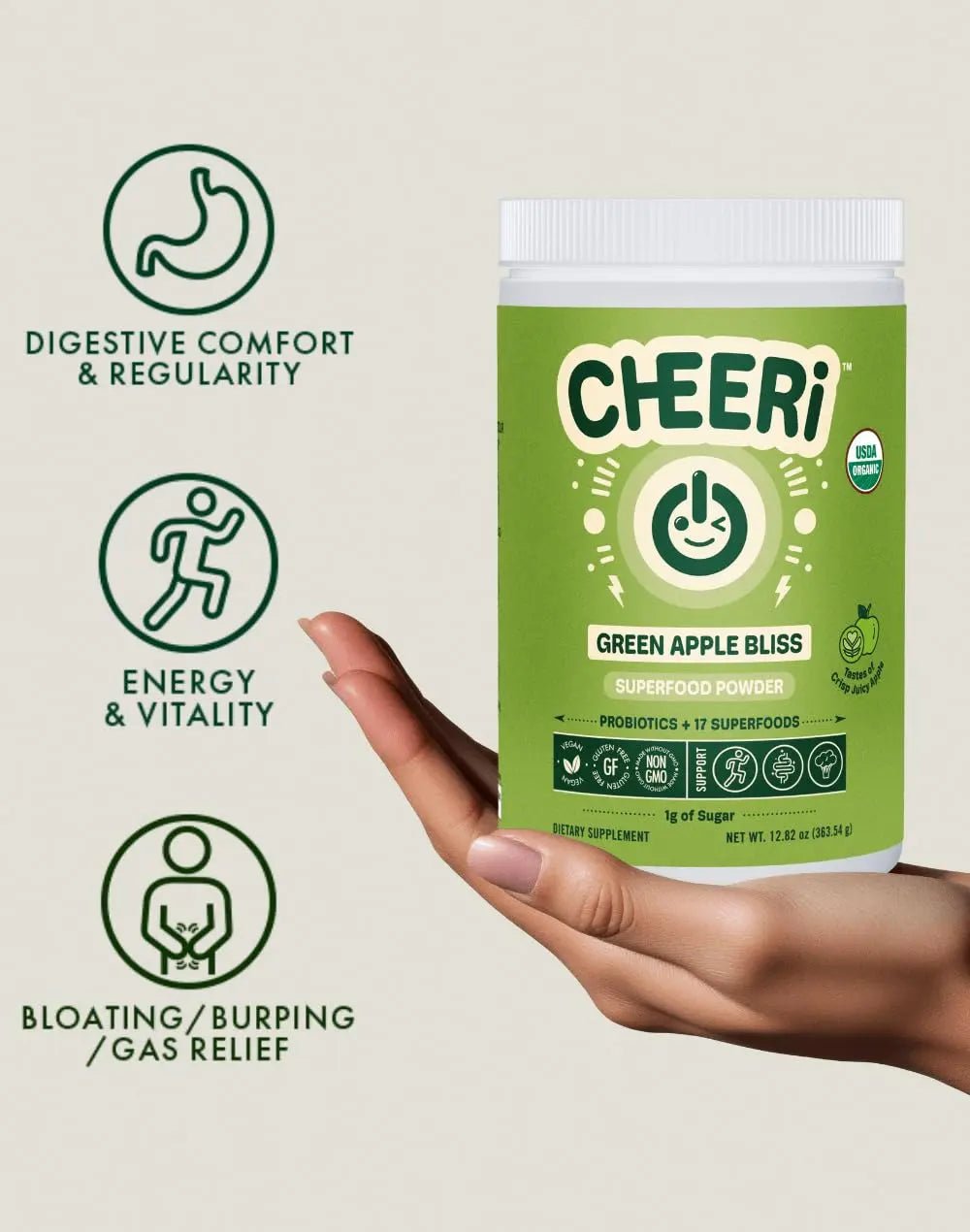 Cheerific Crisp Apple Greens Superfood Powder - 20+ Organic Superfoods + Prebiotic & Probiotics + More - Keto Friendly - Supports Positive Mood, Gut Health - Vegan, Gluten Free, Non-GMO - 30 Day - TrustMedUSA