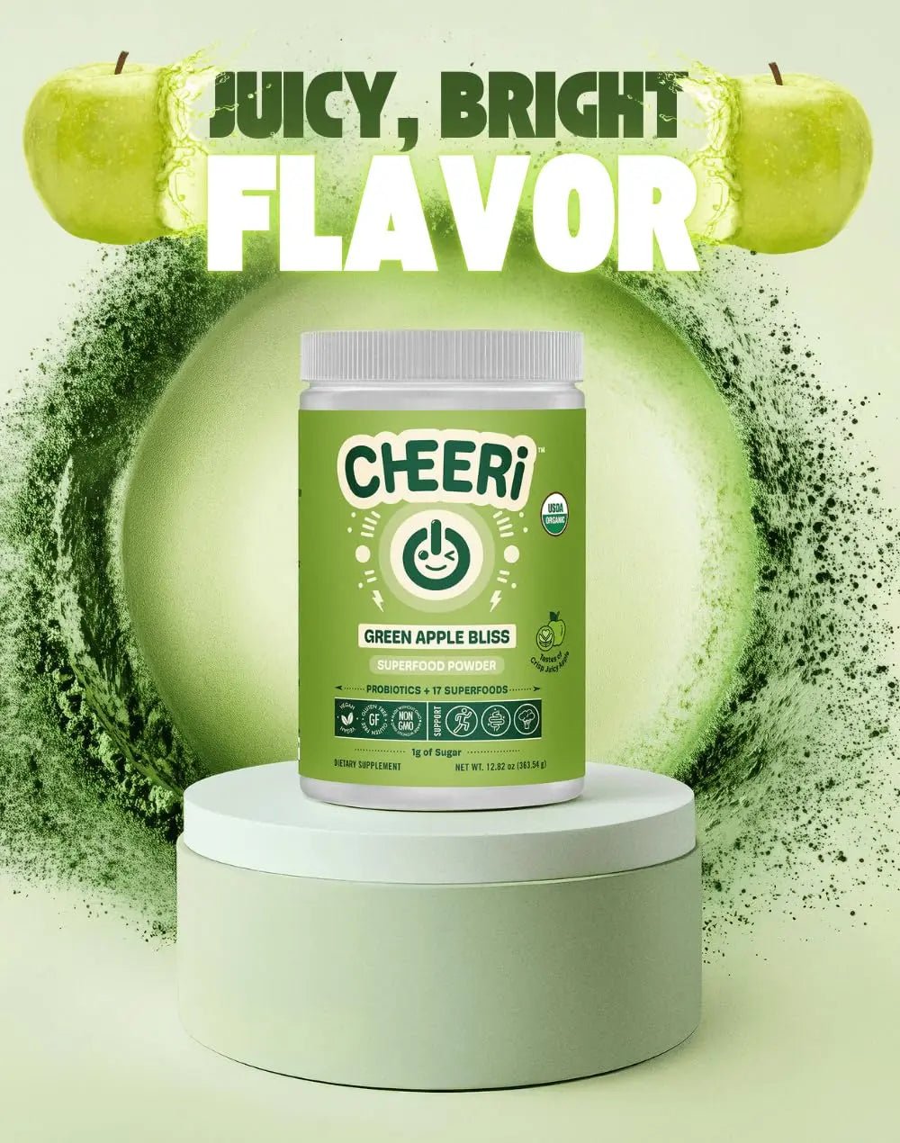 Cheerific Crisp Apple Greens Superfood Powder - 20+ Organic Superfoods + Prebiotic & Probiotics + More - Keto Friendly - Supports Positive Mood, Gut Health - Vegan, Gluten Free, Non-GMO - 30 Day - TrustMedUSA