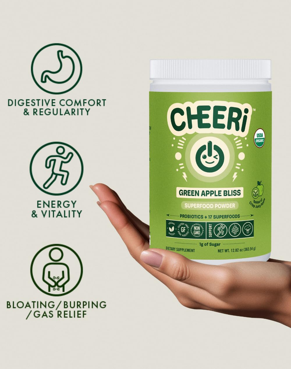 Cheerific Green Apple Bliss Superfood Powder - 20+ Organic Superfoods + Prebiotic & Probiotics + More - Keto Friendly - Supports Positive Mood, Gut Health - Vegan, Gluten Free, Non-GMO - 30 Day Supply - TrustMedUSA