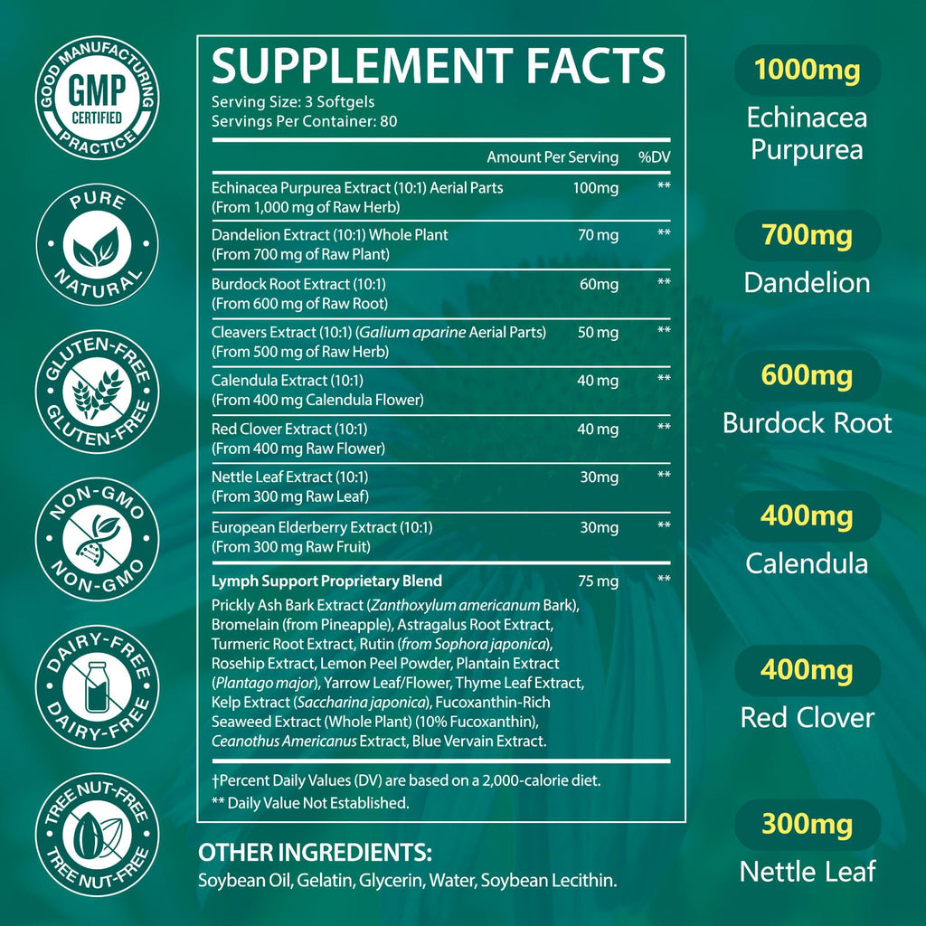 chenyayun Lymphatic Drainage Supplements, 240 Softfels, 21-in-1 Natural Herbal Blends with Echinacea, Dandelion, Burdock Root for Lymph System, Immune Support, Cleanse, Less Swelling/Bloating - TrustMedUSA