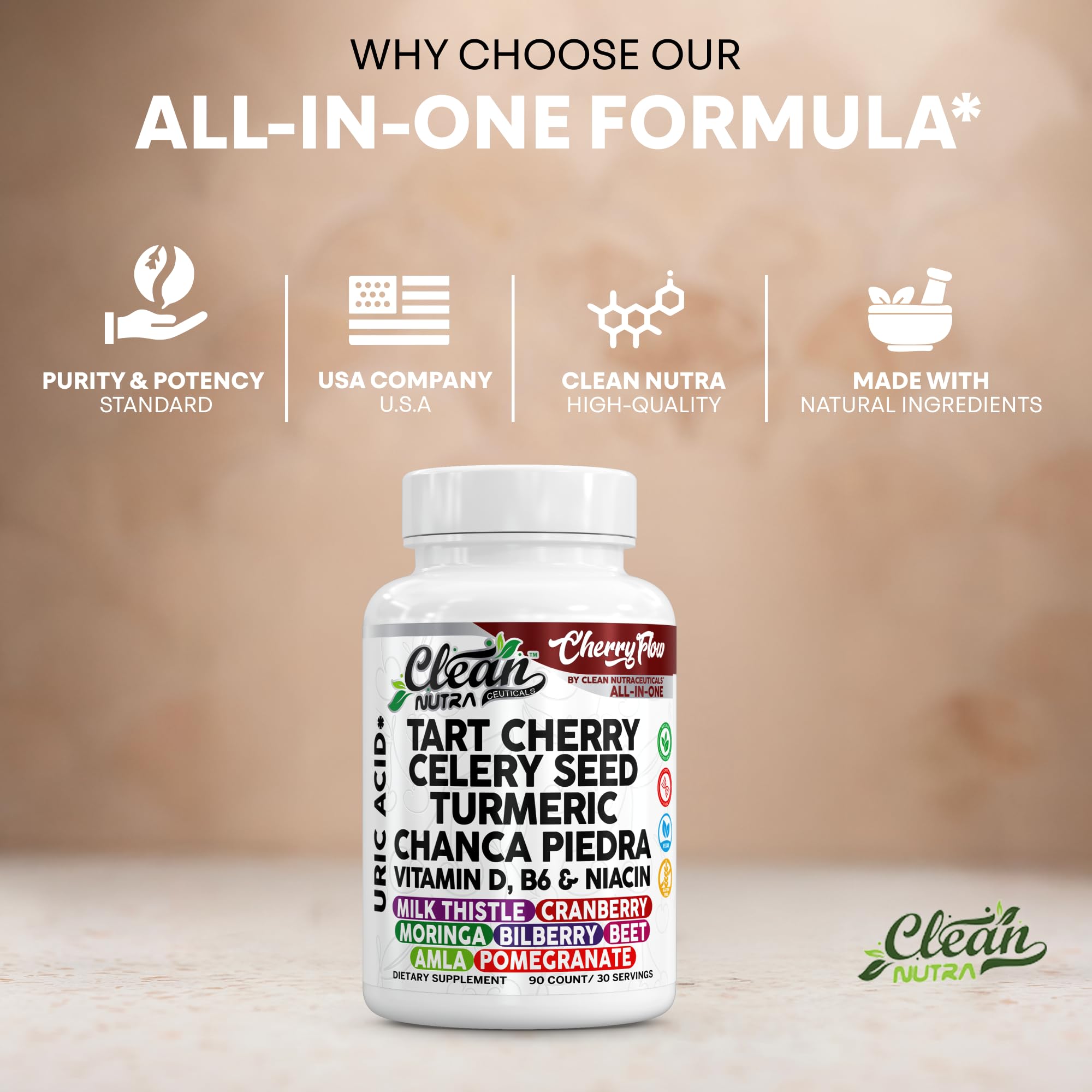 Cherry Flow Tart Cherry Capsules Uric Acid Support Celery Seed Turmeric Chanca Piedra Vitamin D Vitamin B6 Niacin Milk Thistle Moringa Extract Pomegranate Beets 90 Count By Clean Nutra - TrustMedUSA