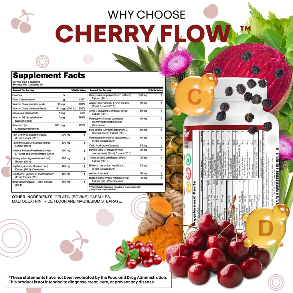 Cherry Flow Tart Cherry Capsules Uric Acid Support Celery Seed Turmeric Chanca Piedra Vitamin D Vitamin B6 Niacin Milk Thistle Moringa Extract Pomegranate Beets 90 Count By Clean Nutra - TrustMedUSA