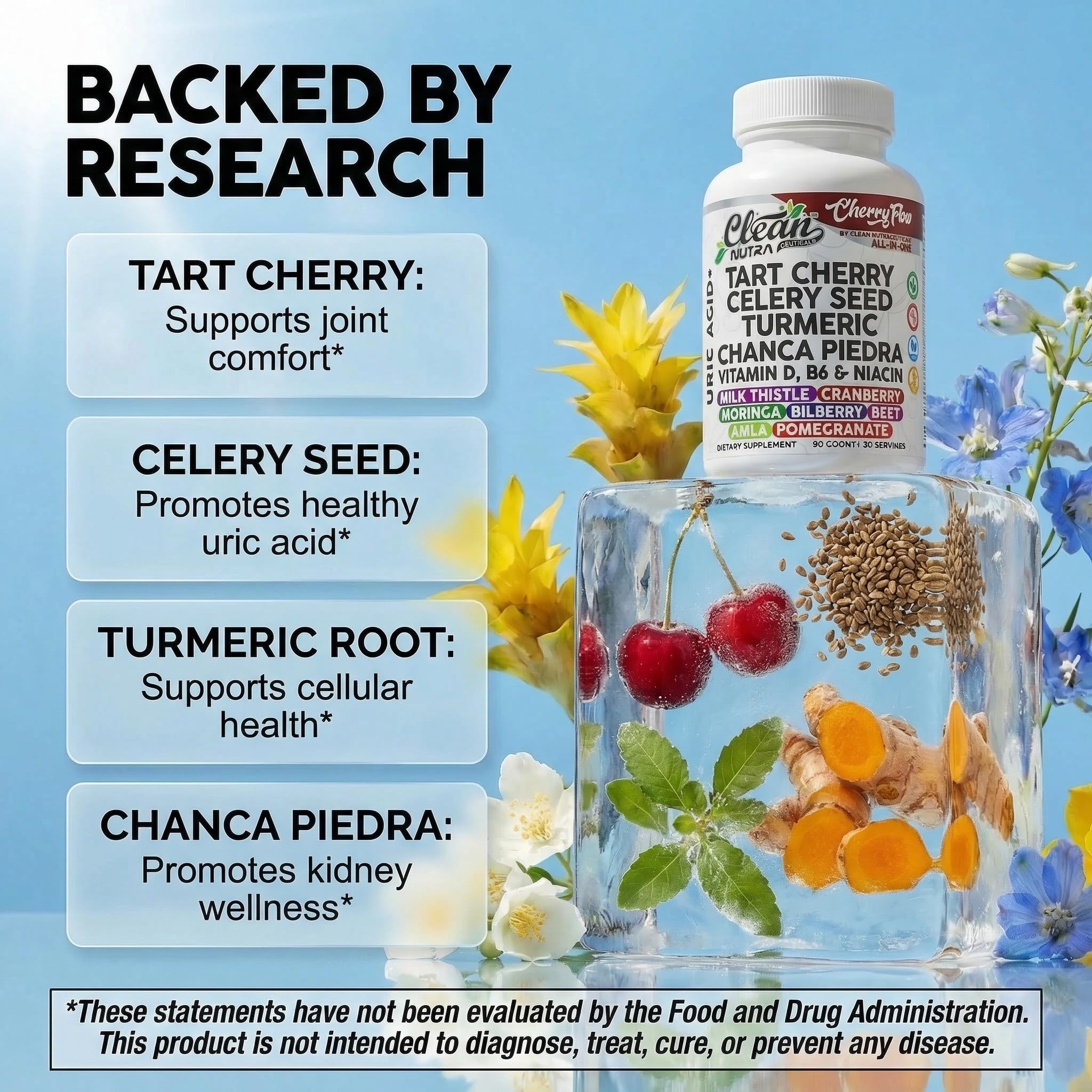 Cherry Flow Tart Cherry Capsules Uric Acid Support Celery Seed Turmeric Chanca Piedra Vitamin D Vitamin B6 Niacin Milk Thistle Moringa Extract Pomegranate Beets 90 Count By Clean Nutra - TrustMedUSA