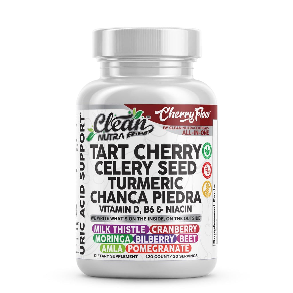 Cherry Flow Tart Cherry Capsules Uric Acid Support Celery Seed Turmeric Chanca Piedra Vitamin D Vitamin B6 Niacin Milk Thistle Moringa Extract Pomegranate Beets 90 Count By Clean Nutra - TrustMedUSA