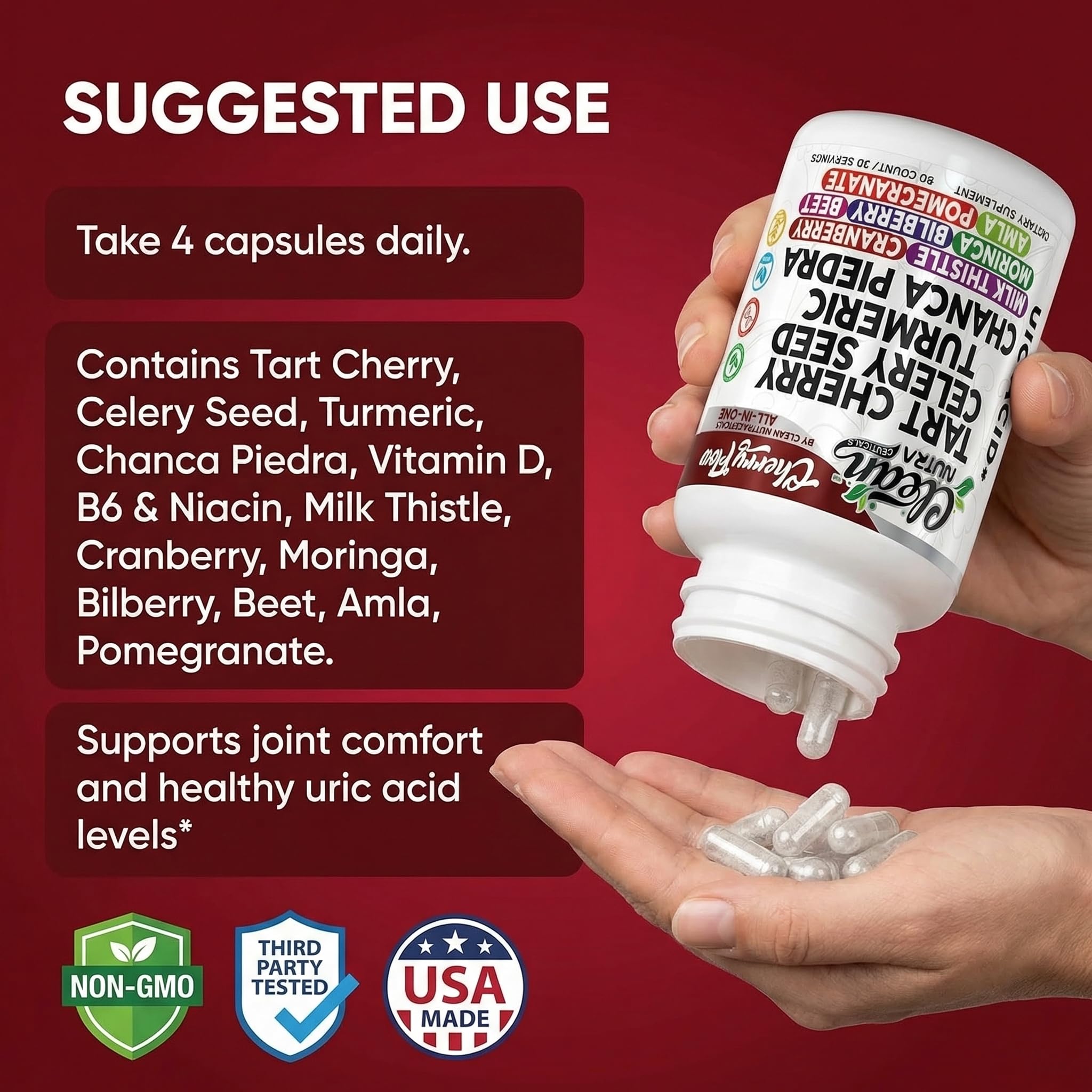 Cherry Flow Tart Cherry Capsules Uric Acid Support Celery Seed Turmeric Chanca Piedra Vitamin D Vitamin B6 Niacin Milk Thistle Moringa Extract Pomegranate Beets 90 Count By Clean Nutra - TrustMedUSA