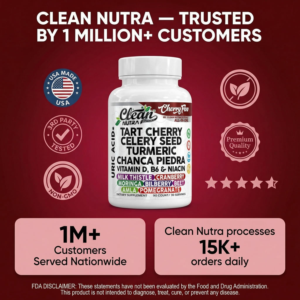 Cherry Flow Tart Cherry Capsules Uric Acid Support Celery Seed Turmeric Chanca Piedra Vitamin D Vitamin B6 Niacin Milk Thistle Moringa Extract Pomegranate Beets 90 Count By Clean Nutra - TrustMedUSA