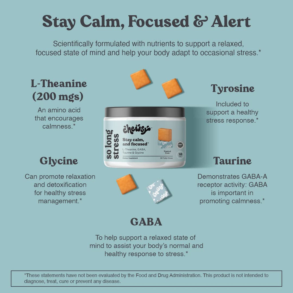 Chewsy So Long Stress, Calm Fruity Chews, Stay Calm & Focused. w/L-theanine, Amino Acid, GABA, Glycine, Tyrosine, Taurine & Magnesium. Non-GMO and Gluten-Free. Tropical Fruity Chews, 30-Day Supply - TrustMedUSA