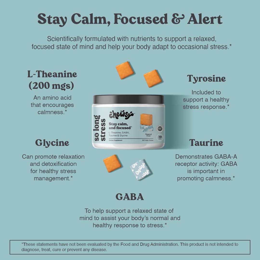 Chewsy So Long Stress, Calm Fruity Chews, Stay Calm & Focused. w/L-theanine, Amino Acid, GABA, Glycine, Tyrosine, Taurine & Magnesium. Non-GMO and Gluten-Free. Tropical Fruity Chews, 30-Day Supply - TrustMedUSA