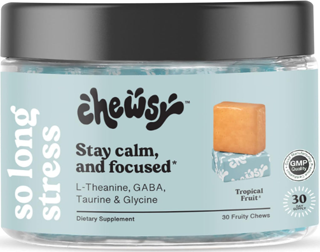 Chewsy So Long Stress, Calm Fruity Chews, Stay Calm & Focused. w/L-theanine, Amino Acid, GABA, Glycine, Tyrosine, Taurine & Magnesium. Non-GMO and Gluten-Free. Tropical Fruity Chews, 30-Day Supply - TrustMedUSA
