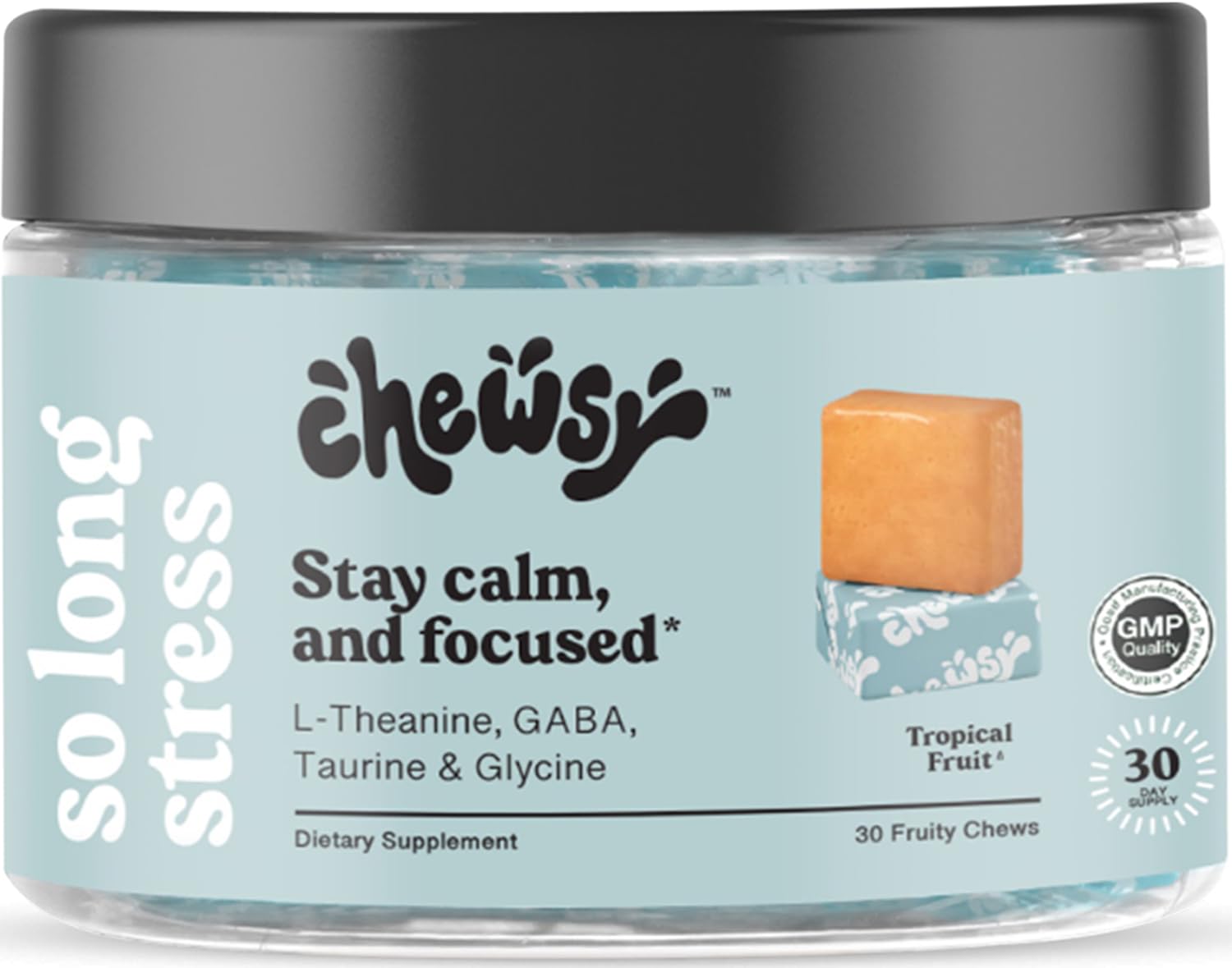 Chewsy So Long Stress, Calm Fruity Chews, Stay Calm & Focused. w/L-theanine, Amino Acid, GABA, Glycine, Tyrosine, Taurine & Magnesium. Non-GMO and Gluten-Free. Tropical Fruity Chews, 30-Day Supply - TrustMedUSA