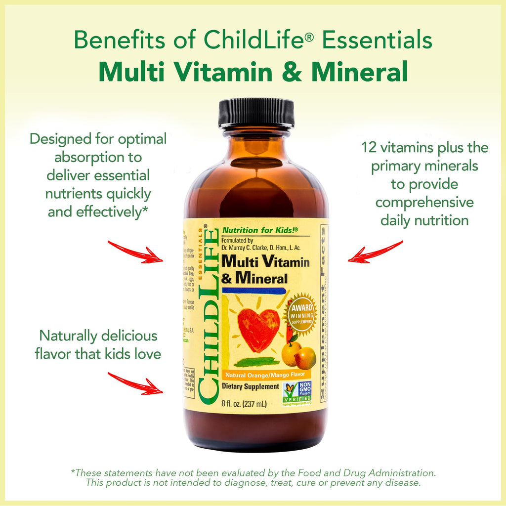 CHILDLIFE ESSENTIALS Kids Multivitamin & Mineral - Kids Vitamins, Liquid Multivitamin for Kids, Toddler Multivitamins, Liquid Vitamins, Baby Multivitamin - Natural Orange & Mango, 8 Fl Oz (Pack of 2) - TrustMedUSA