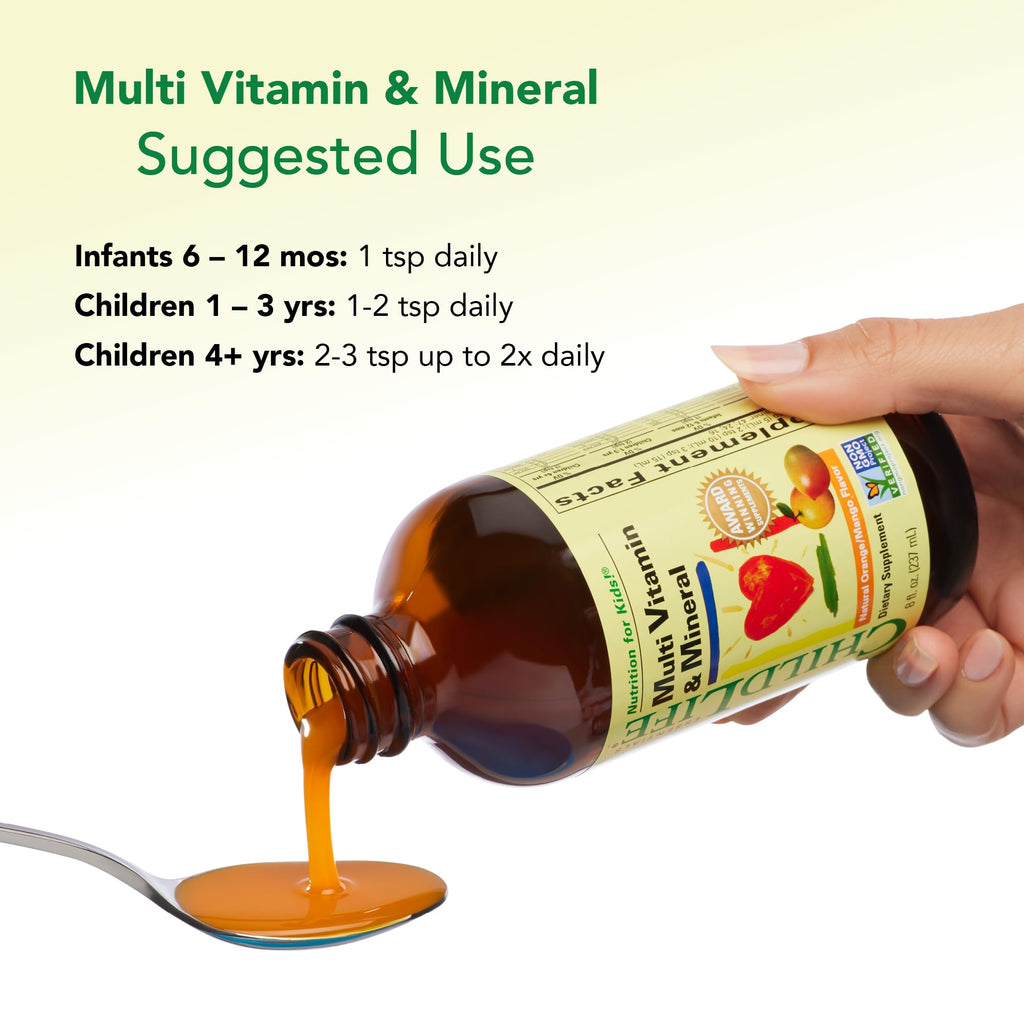 CHILDLIFE ESSENTIALS Kids Multivitamin & Mineral - Kids Vitamins, Liquid Multivitamin for Kids, Toddler Multivitamins, Liquid Vitamins, Baby Multivitamin - Natural Orange & Mango, 8 Fl Oz (Pack of 4) - TrustMedUSA