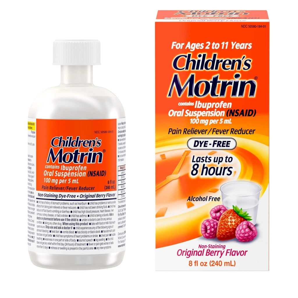 Children's Motrin Oral Suspension 100mg Ibuprofen Medicine, NSAID Fever Reducer & Pain Reliever for Minor Aches & Pains Due to Cold & Flu, Dye Free, Alcohol-Free, Berry Flavored, 8 fl. oz - TrustMedUSA