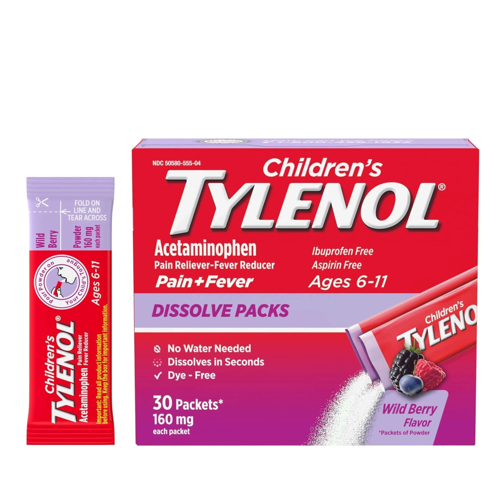Children's Tylenol Dissolve Packs for Pain Relief, Fever Medication, 160 mg Acetaminophen, Dye Free, Kids' Powder Packets for Cold & Flu Symptom Relief; Wild Berry Flavor, 30 ct.; Pack of 1 - TrustMedUSA
