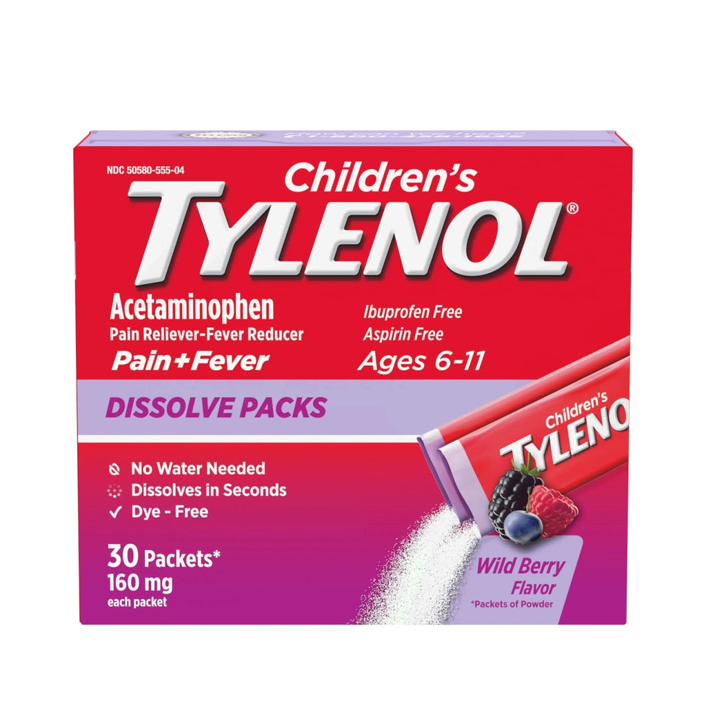Children's Tylenol Dissolve Packs for Pain Relief, Fever Medication, 160 mg Acetaminophen, Dye Free, Kids' Powder Packets for Cold & Flu Symptom Relief; Wild Berry Flavor, 30 ct.; Pack of 1 - TrustMedUSA