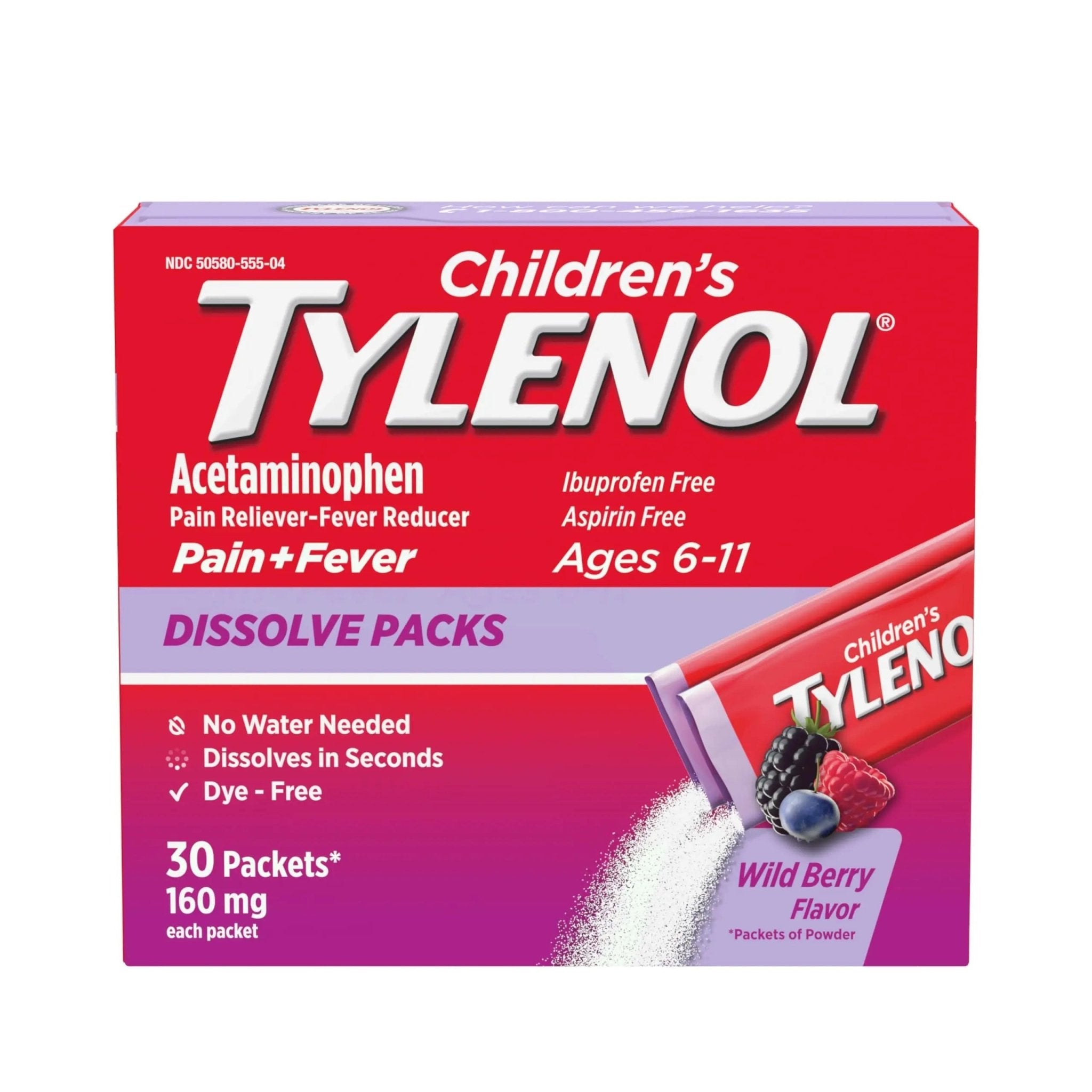 Children's Tylenol Dissolve Packs for Pain Relief, Fever Medication, 160 mg Acetaminophen, Dye Free, Kids' Powder Packets for Cold & Flu Symptom Relief; Wild Berry Flavor, 30 ct.; Pack of 1 - TrustMedUSA