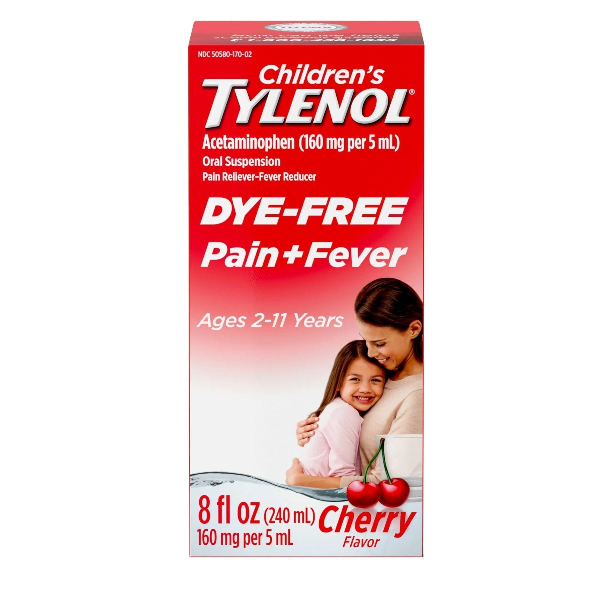 Children's Tylenol Liquid Pain Relief & Fever Medicine, Oral Suspension, Dye-Free, Acetaminophen, No Aspirin, No Ibuprofen, No High Fructose Corn Syrup; Cherry Flavor, 8 fl. oz.; Pack of 1 - TrustMedUSA
