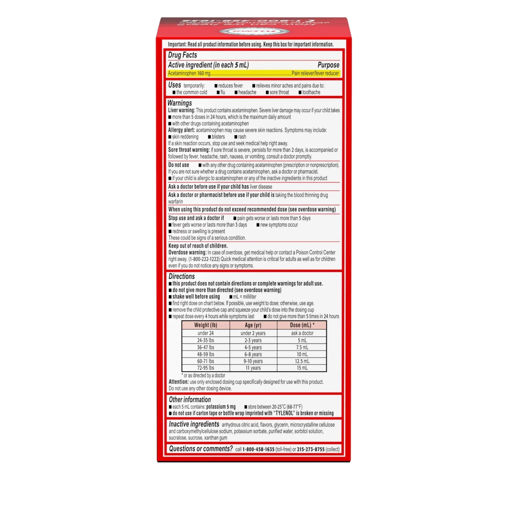 Children's Tylenol Liquid Pain Relief & Fever Medicine, Oral Suspension, Dye-Free, Acetaminophen, No Aspirin, No Ibuprofen, No High Fructose Corn Syrup; Cherry Flavor, 8 fl. oz.; Pack of 1 - TrustMedUSA