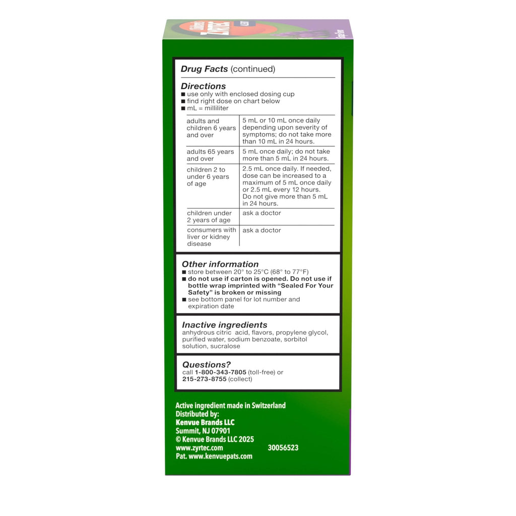 Children's Zyrtec Liquid, Kid's Antihistamine Syrup, Dye-, Sugar-, and Alcohol-Free, Pleasant Grape Flavor, Contains Cetirizine HCl Suitable for Ages 2 Years and Up, 8 fl oz Bottle - Maple Wellness Supplements