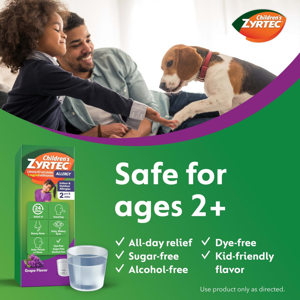 Children's Zyrtec Liquid, Kid's Antihistamine Syrup, Dye-, Sugar-, and Alcohol-Free, Pleasant Grape Flavor, Contains Cetirizine HCl Suitable for Ages 2 Years and Up, 8 fl oz Bottle - Maple Wellness Supplements