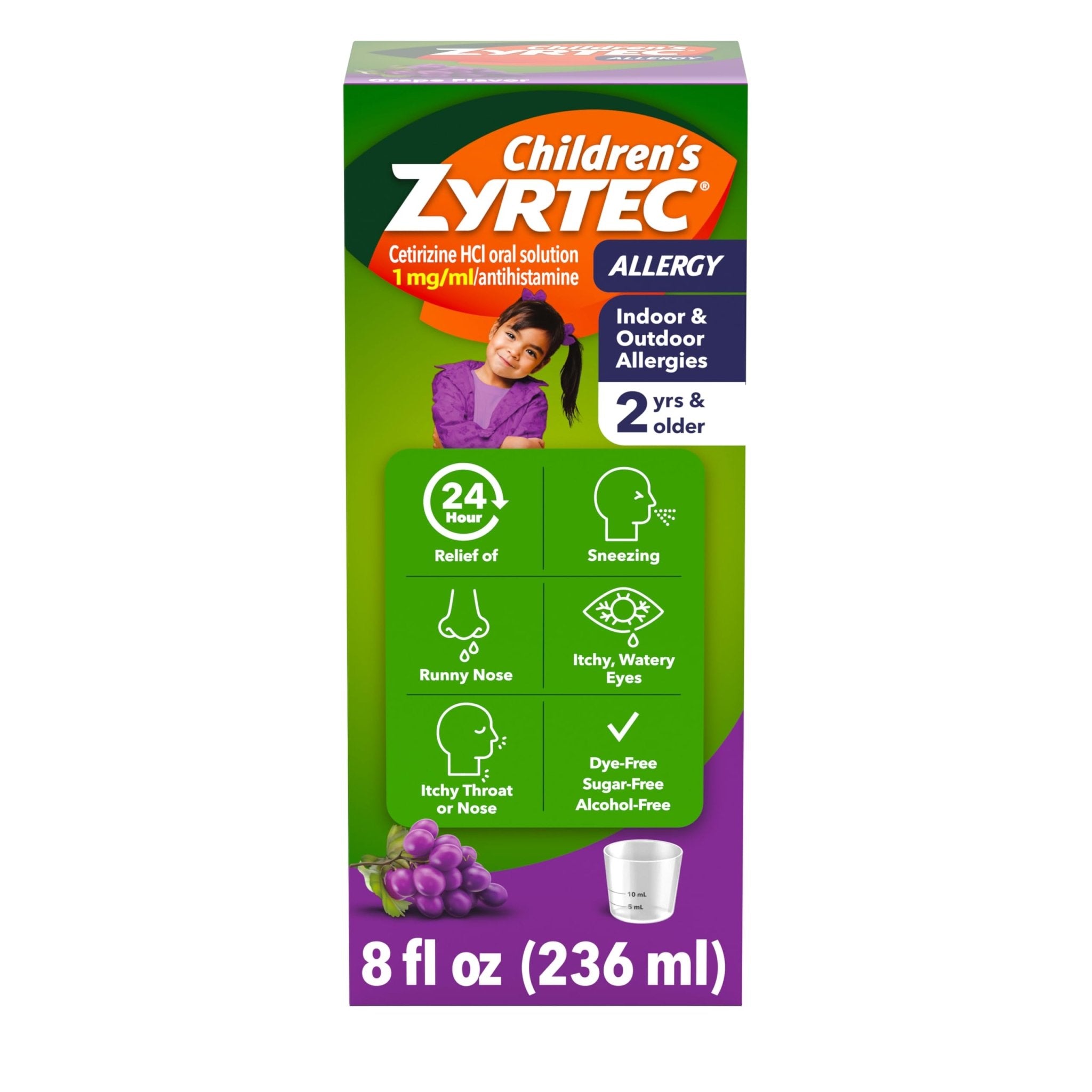 Children's Zyrtec Liquid, Kid's Antihistamine Syrup, Dye-, Sugar-, and Alcohol-Free, Pleasant Grape Flavor, Contains Cetirizine HCl Suitable for Ages 2 Years and Up, 8 fl oz Bottle - Maple Wellness Supplements