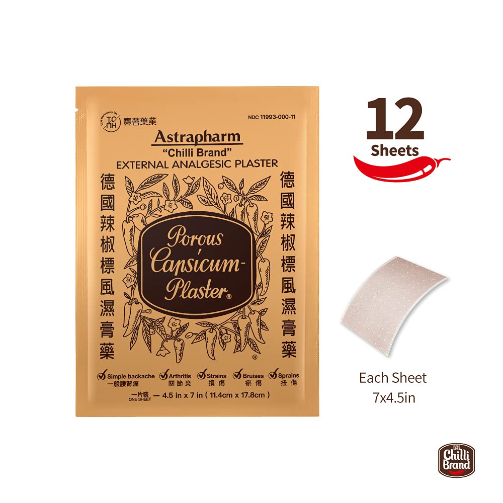 Chilli Brand Large Size Plaster Porous Capsicum Heat Patch for Arthritis & Back Muscle Knee Gout Neck Pain - Extra Strength Pain Relief Plaster, 7" x 4.5" (Size: L, 12 Sheets) - TrustMedUSA
