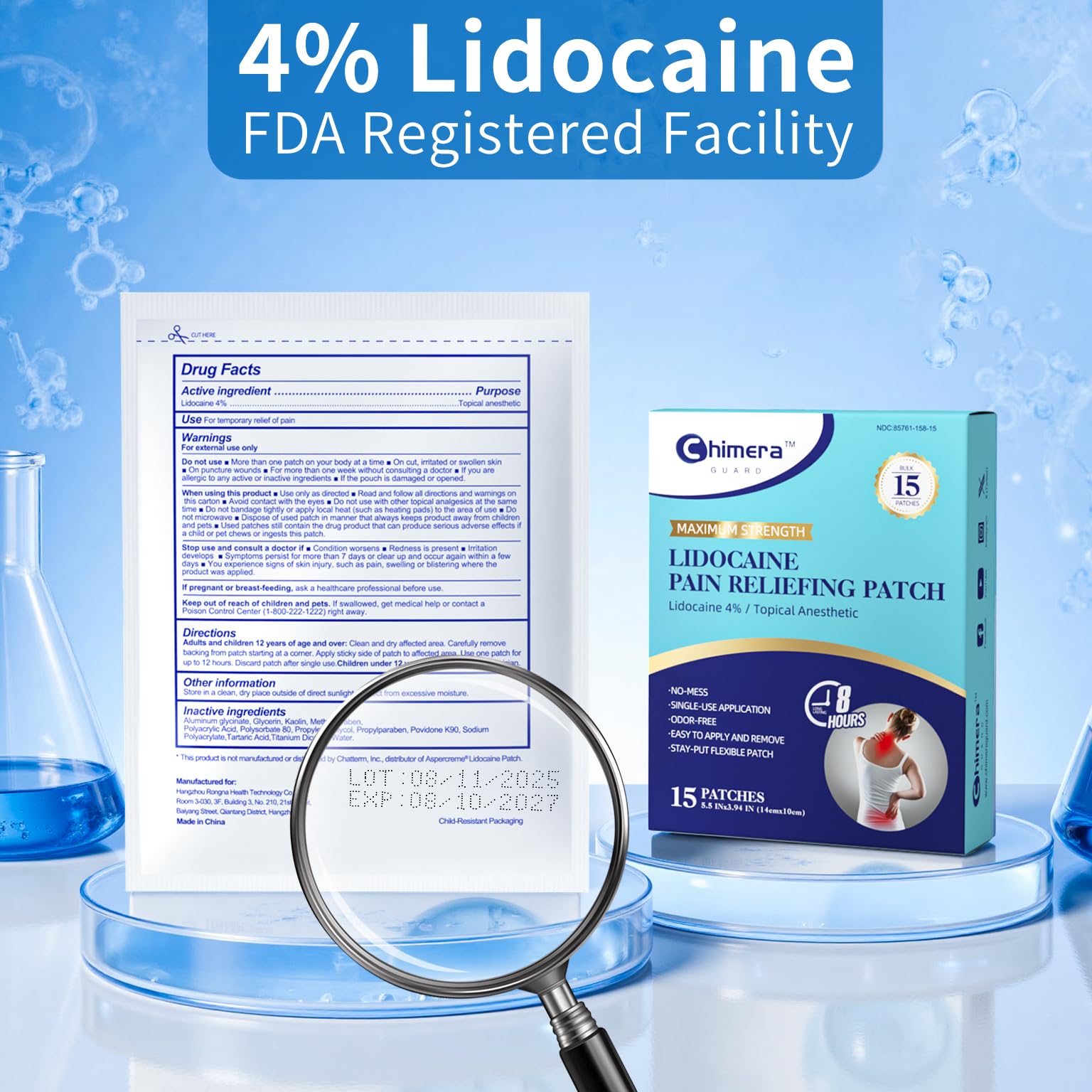 Chimera GUARD 4% Lidocaine Pain Relief Patches (80ct) - F-SA/H-SA Eligible Maximum Strength Numbing Gel Patch for Muscle, Joint, Nerve, Sciatica Pain - Odorless, Stay-Put & 8-Hour Long Lasting - TrustMedUSA