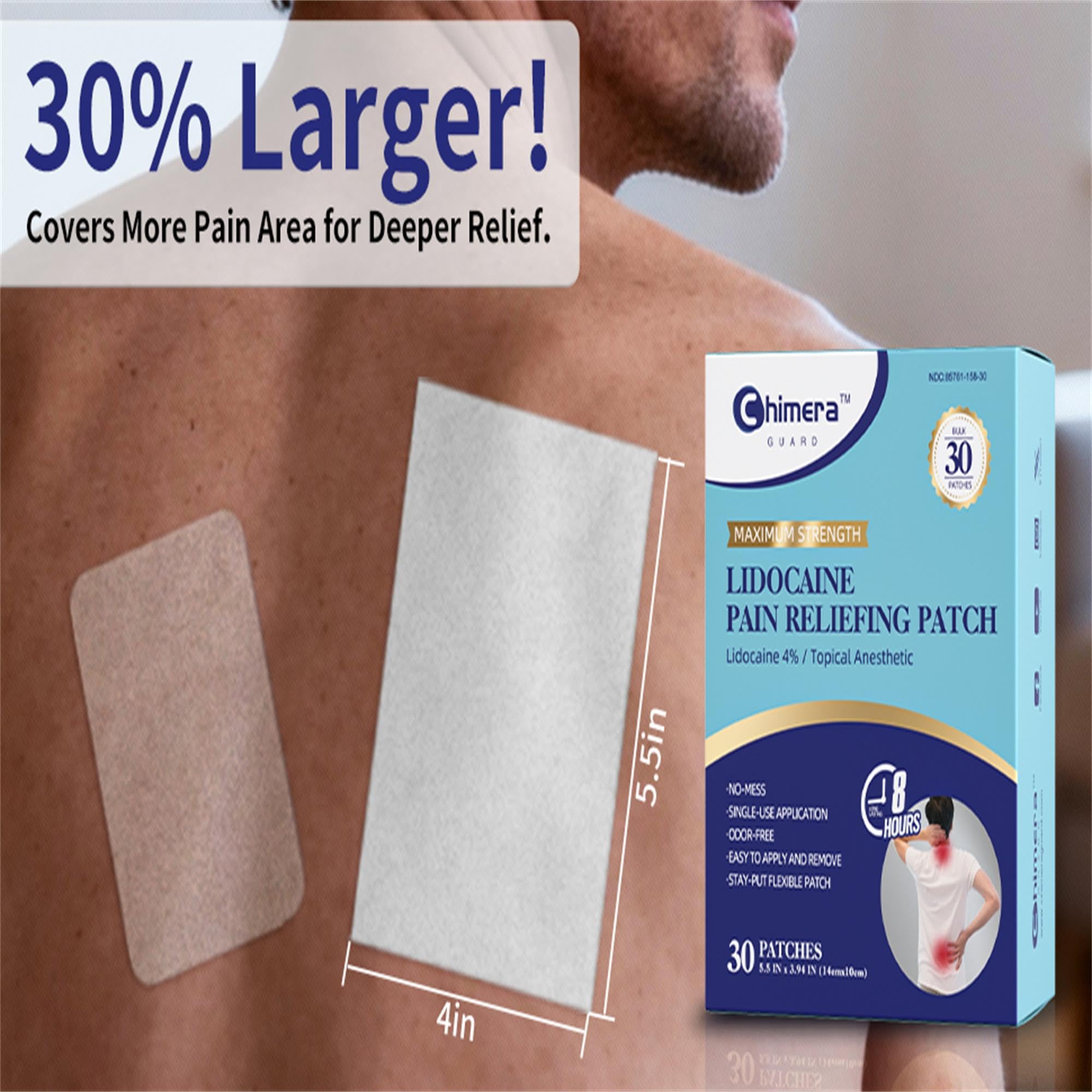 Chimera GUARD 4% Lidocaine Pain Relief Patches (80ct) - F-SA/H-SA Eligible Maximum Strength Numbing Gel Patch for Muscle, Joint, Nerve, Sciatica Pain - Odorless, Stay-Put & 8-Hour Long Lasting - TrustMedUSA