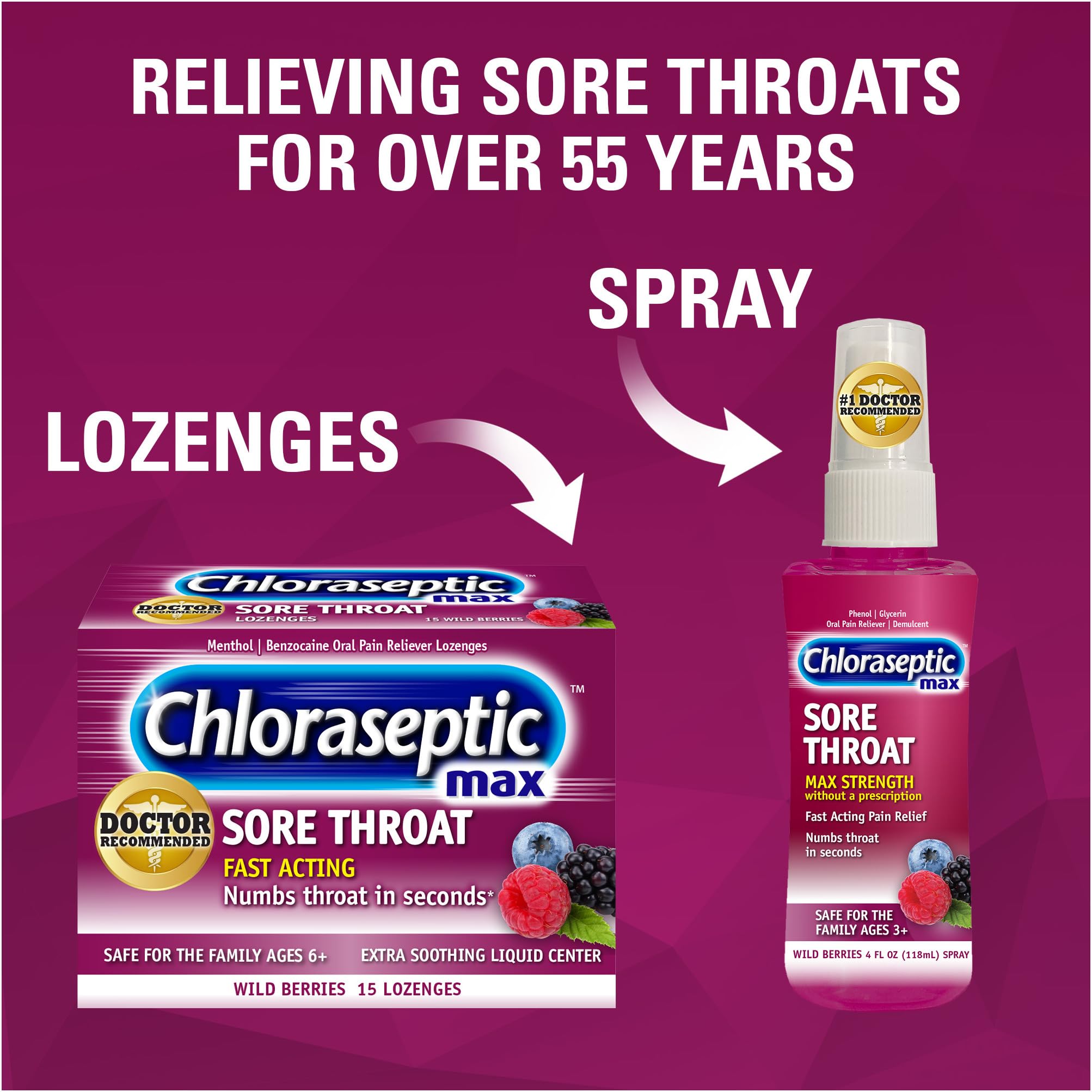 Chloraseptic Max Strength Sore Throat Relief Lozenges, Wild Berry, Drops with Liquid Center to Numb Sore Throat, 15 Count - Maple Wellness Supplements