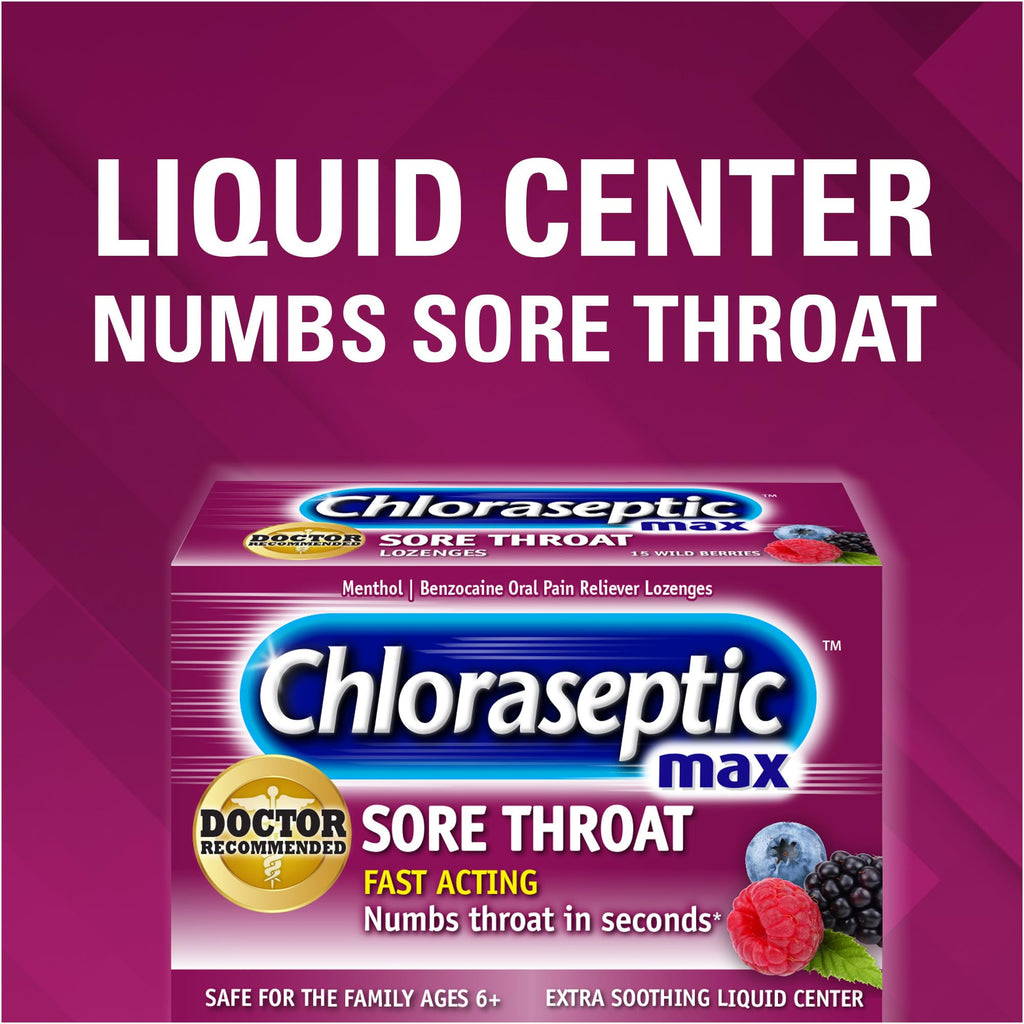 Chloraseptic Max Strength Sore Throat Relief Lozenges, Wild Berry, Drops with Liquid Center to Numb Sore Throat, 15 Count - Maple Wellness Supplements