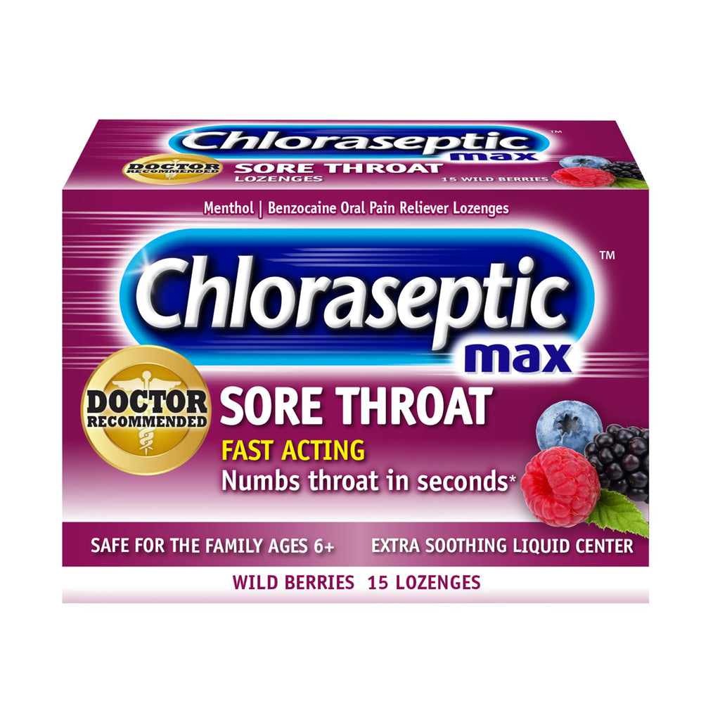 Chloraseptic Max Strength Sore Throat Relief Lozenges, Wild Berry, Drops with Liquid Center to Numb Sore Throat, 15 Count - Maple Wellness Supplements