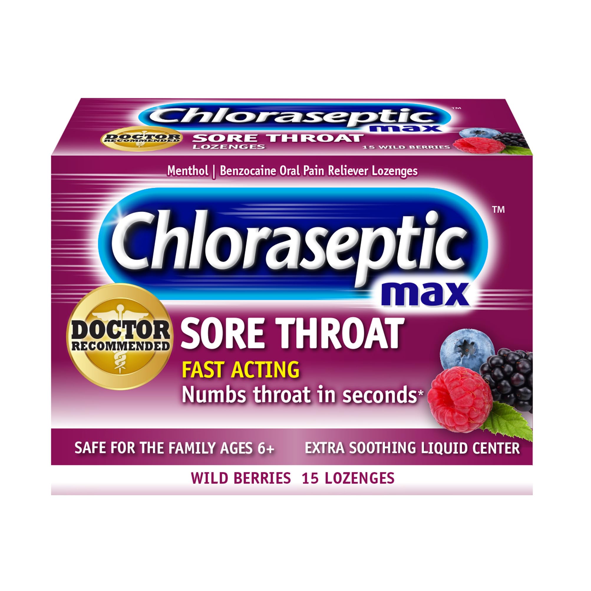Chloraseptic Max Strength Sore Throat Relief Lozenges, Wild Berry, Drops with Liquid Center to Numb Sore Throat, 15 Count - Maple Wellness Supplements