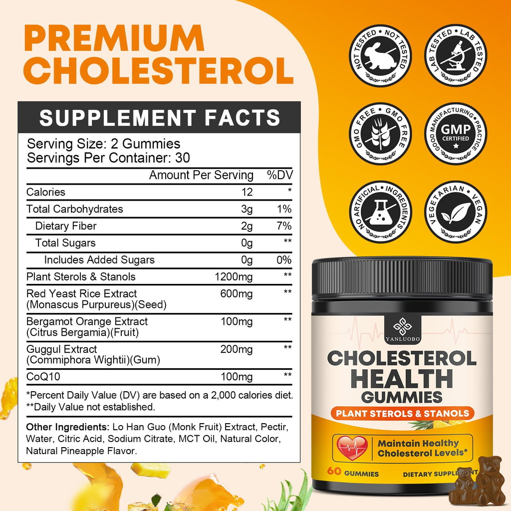 Cholesterol Supplements with 1200mg Plant Sterols & Stanols, Guggul, Bergamot, Red Yeast Rice, Cholesterol Complex Gummies Support Healthy Cholesterol Levels, Pineapple Flavor, 60 Counts - TrustMedUSA