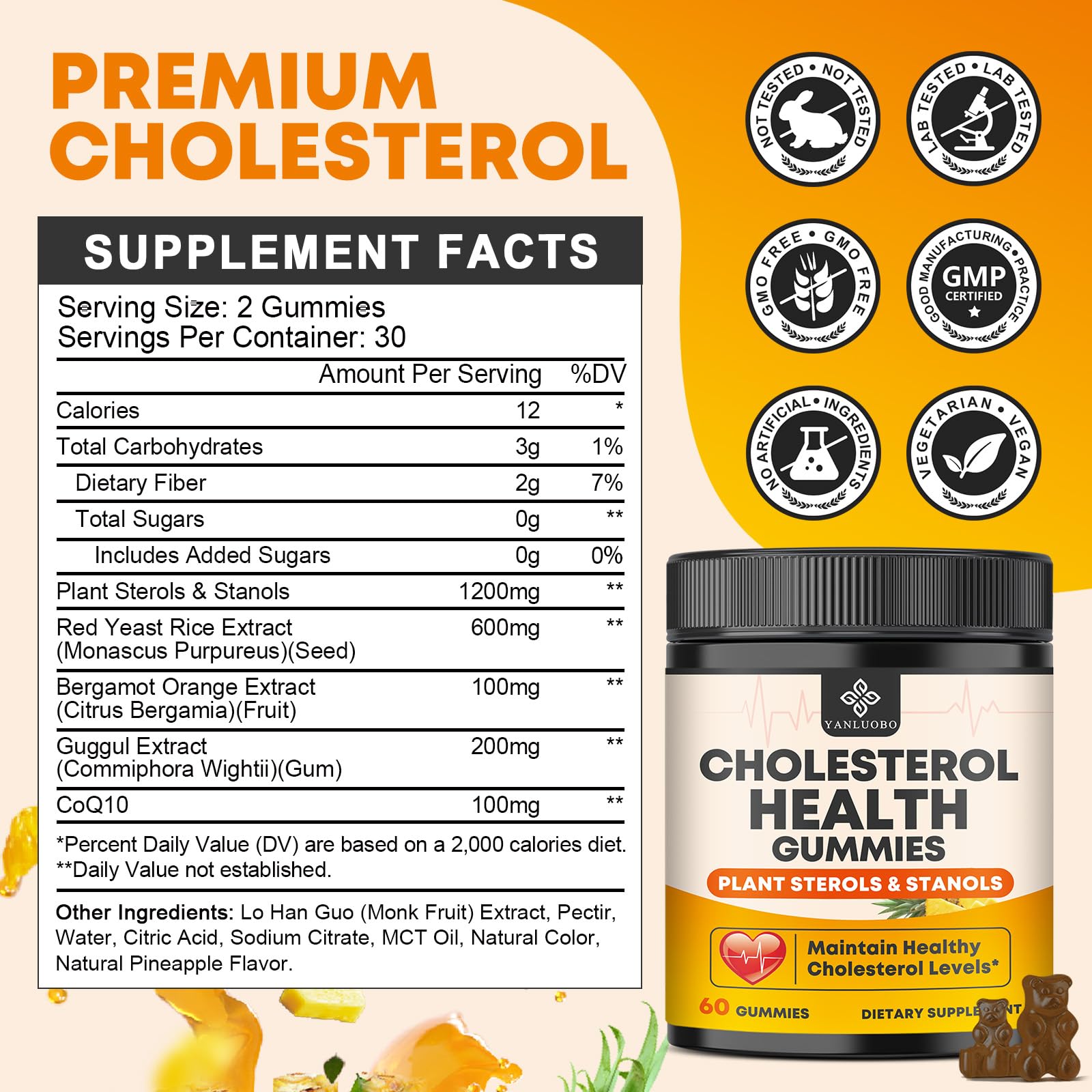 Cholesterol Supplements with 1200mg Plant Sterols & Stanols, Guggul, Bergamot, Red Yeast Rice, Cholesterol Complex Gummies Support Healthy Cholesterol Levels, Pineapple Flavor, 60 Counts - TrustMedUSA