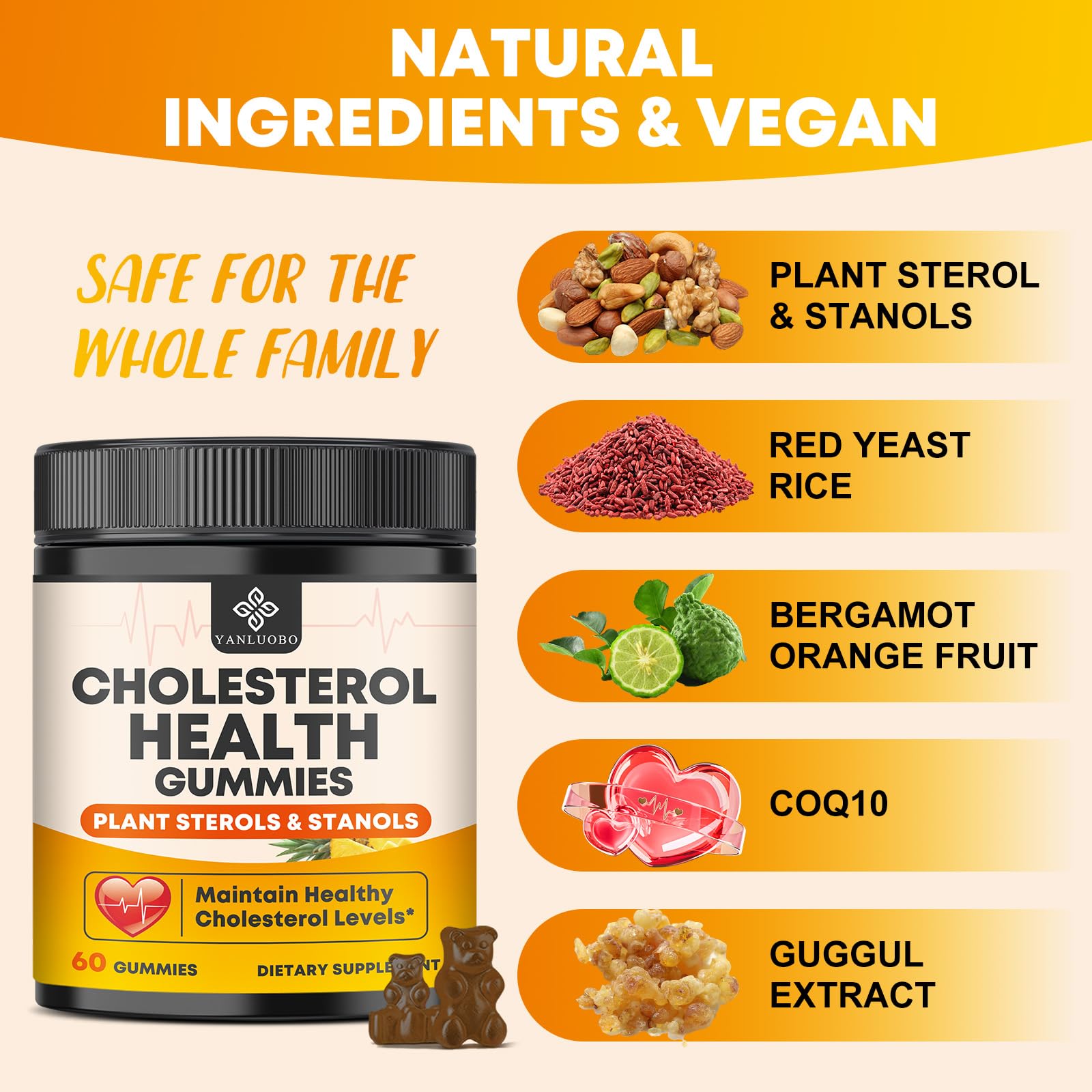 Cholesterol Supplements with 1200mg Plant Sterols & Stanols, Guggul, Bergamot, Red Yeast Rice, Cholesterol Complex Gummies Support Healthy Cholesterol Levels, Pineapple Flavor, 60 Counts - TrustMedUSA