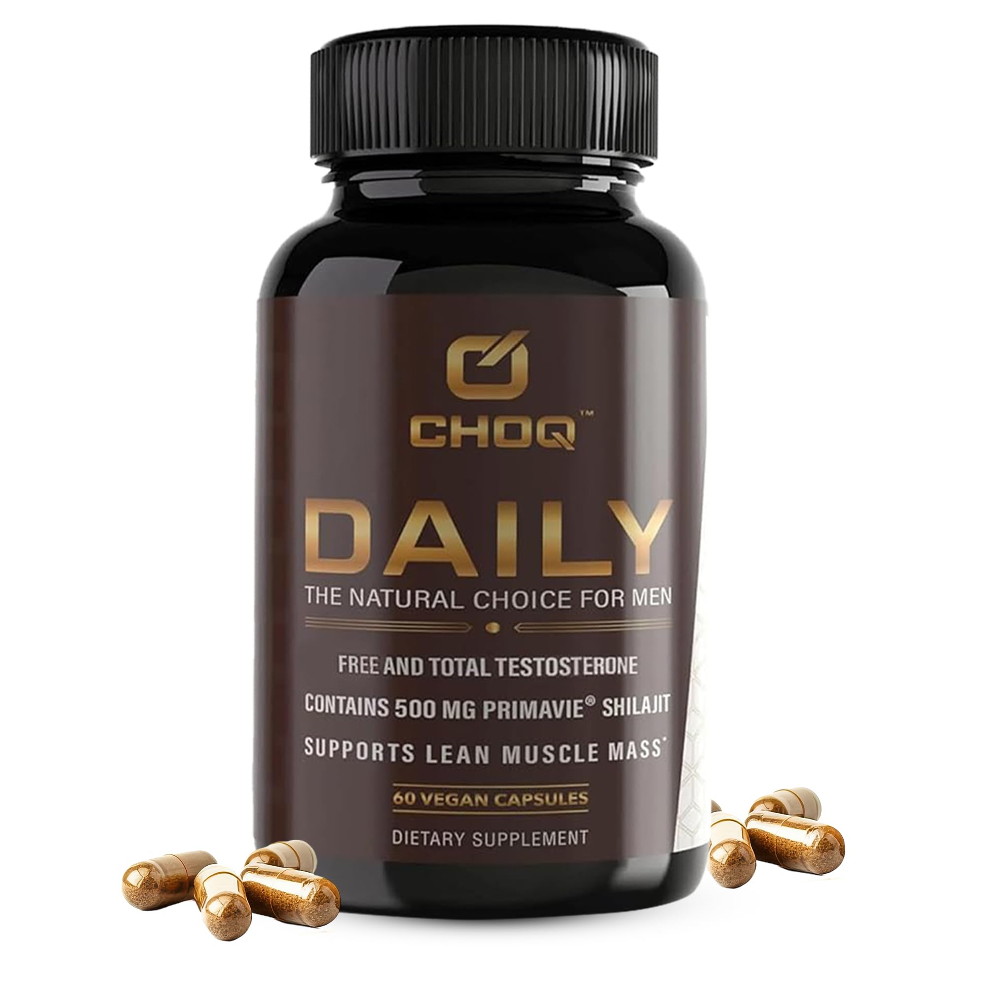 CHOQ Daily with 500mg PrimaVie Shilajit, Safed Musli, Tribulus - Natural Energy, Libido & Muscle Support - Daily Supplement for Men, 60 Vegan Capsules - TrustMedUSA